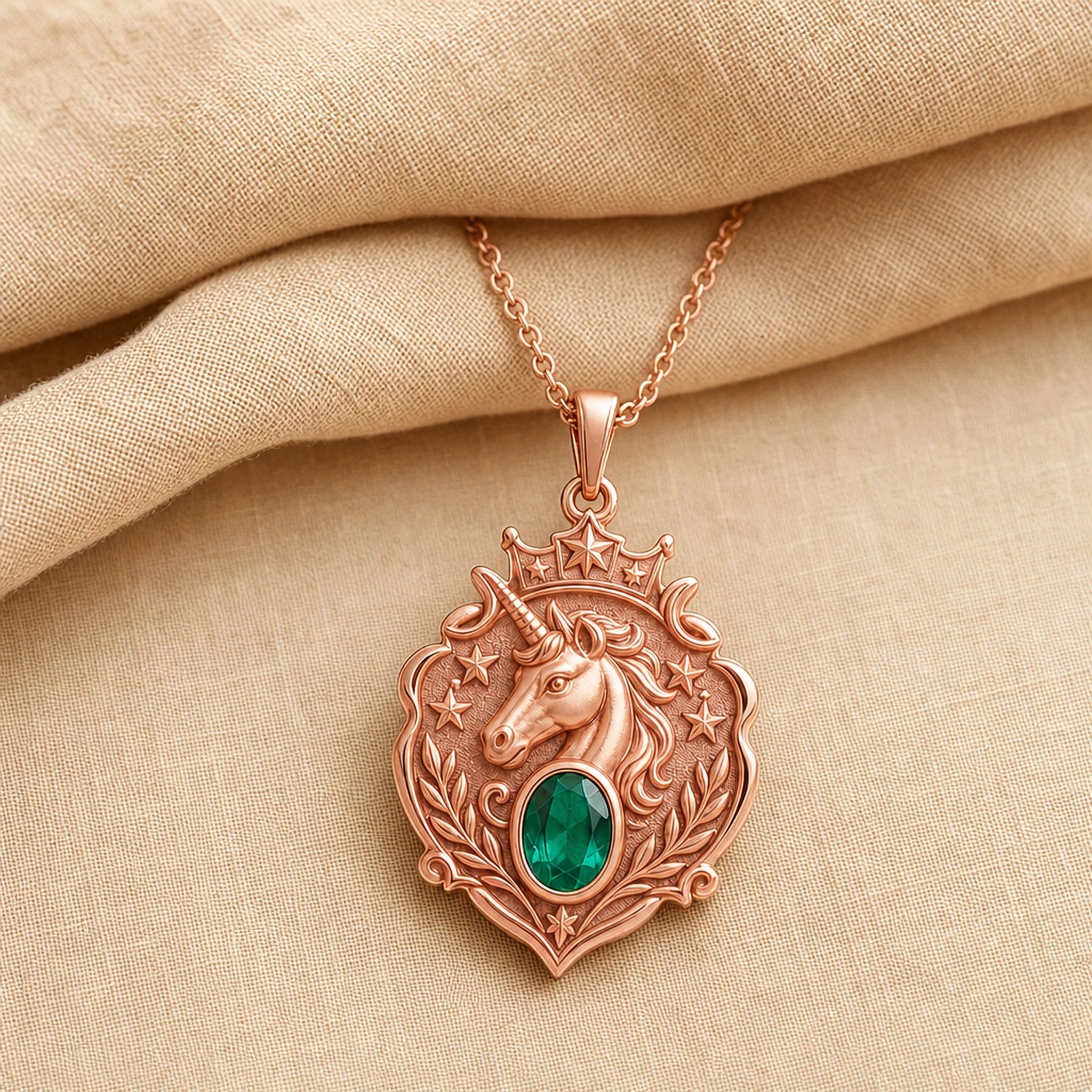 Emerald Unicorn Starcrest Pendant with a sculpted unicorn head, raised stars and leaf details, and an oval faceted green emerald in a framed center setting. Rose gold finish.