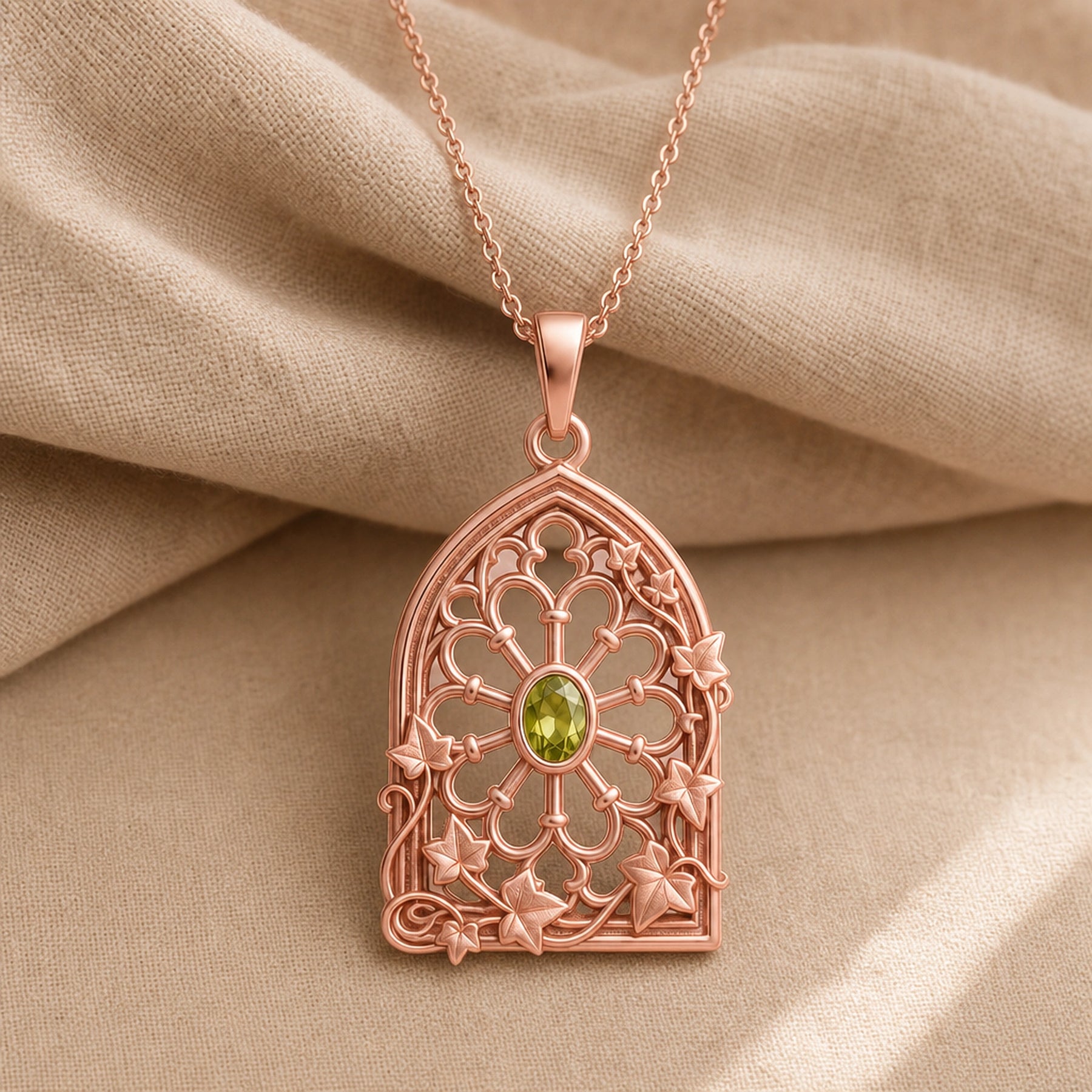 Peridot ivy rose window pendant with an oval green stone in a bezel setting, framed by openwork Gothic-style arches, floral tracery, and climbing ivy leaves. Rose gold finish.