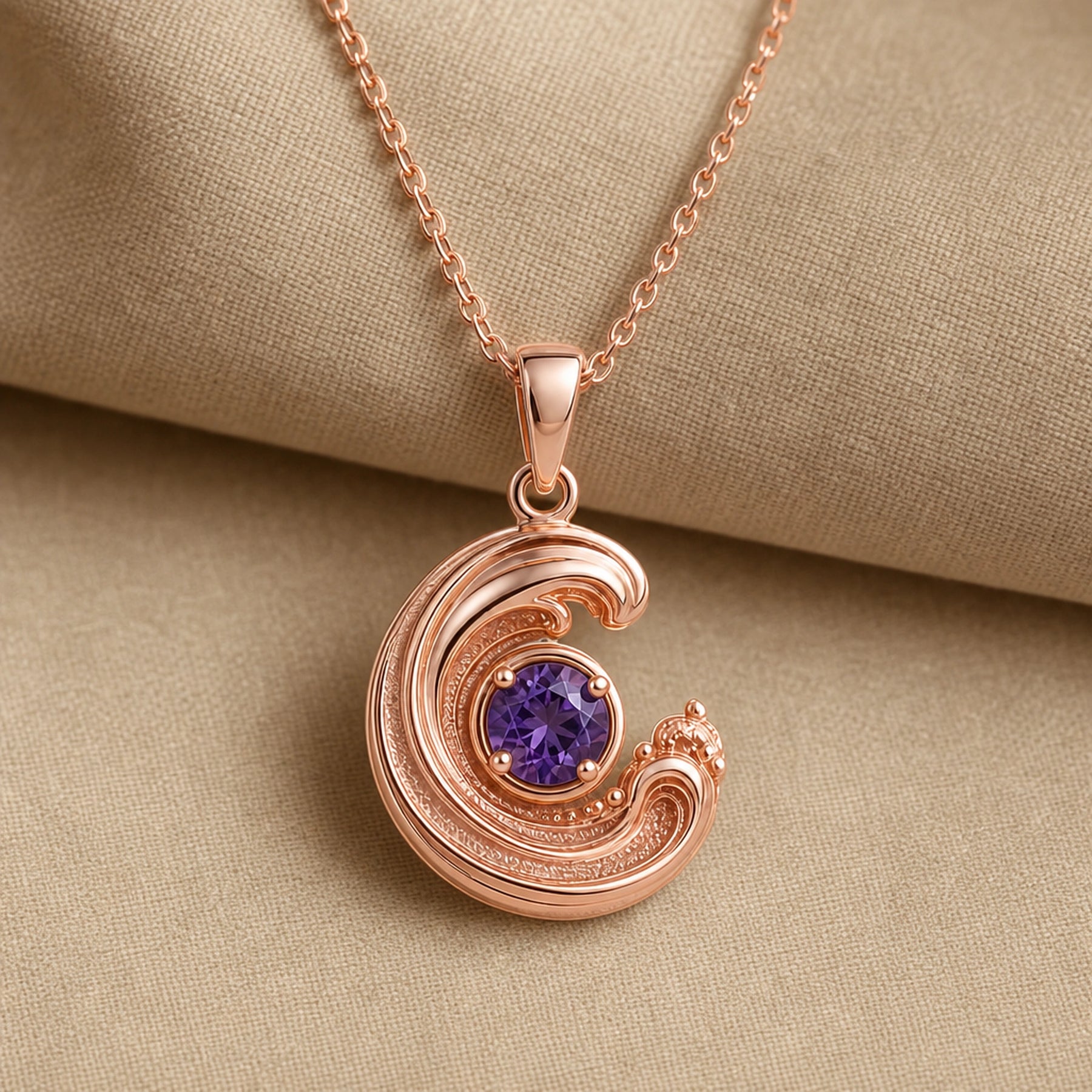 925 sterling silver wavecrest pendant curling around a round purple amethyst centerpiece with flowing textured details. Rose gold finish.