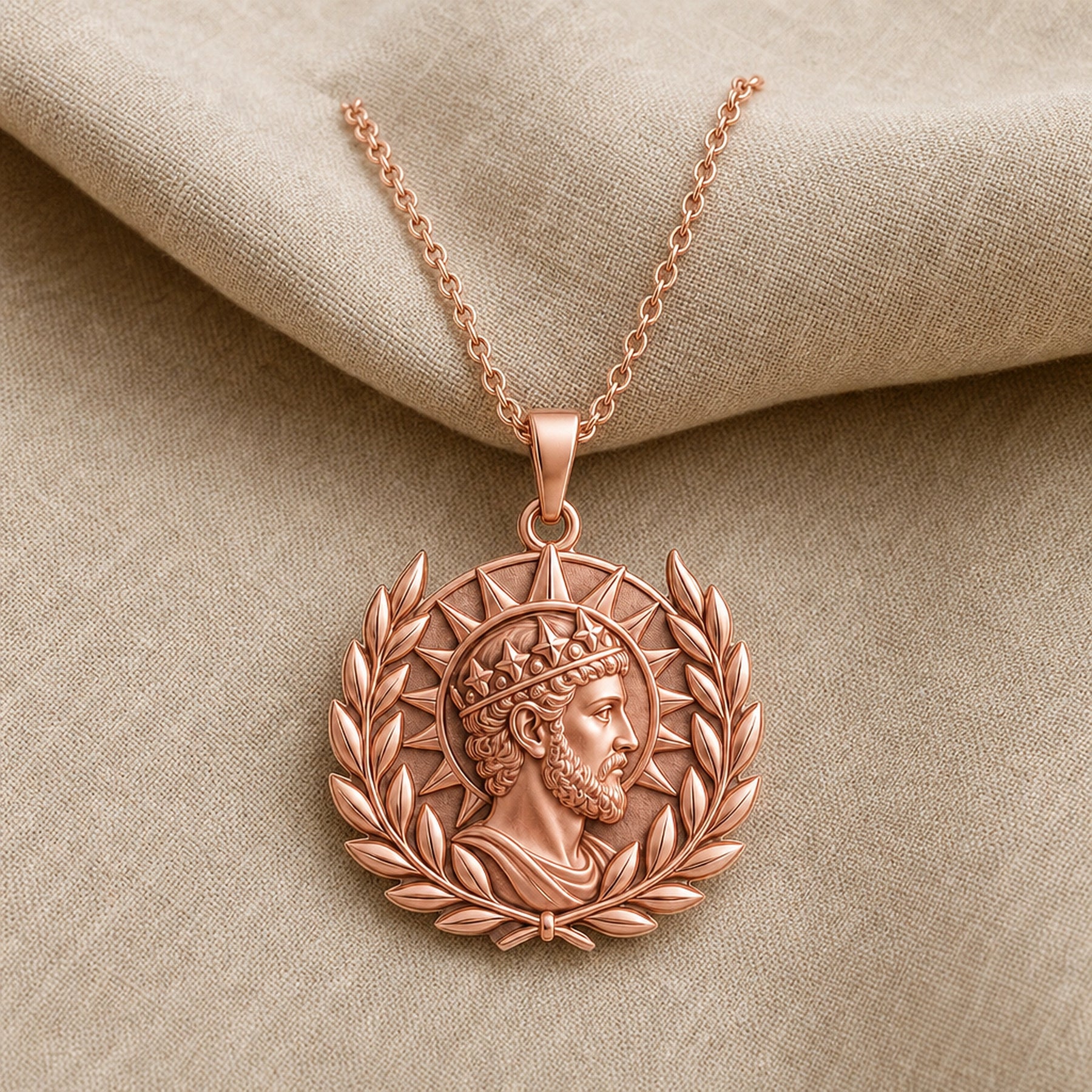 Handcrafted 925 sterling silver augustan sun laurel king portrait pendant shown as a detailed pendant necklace. Rose gold finish.