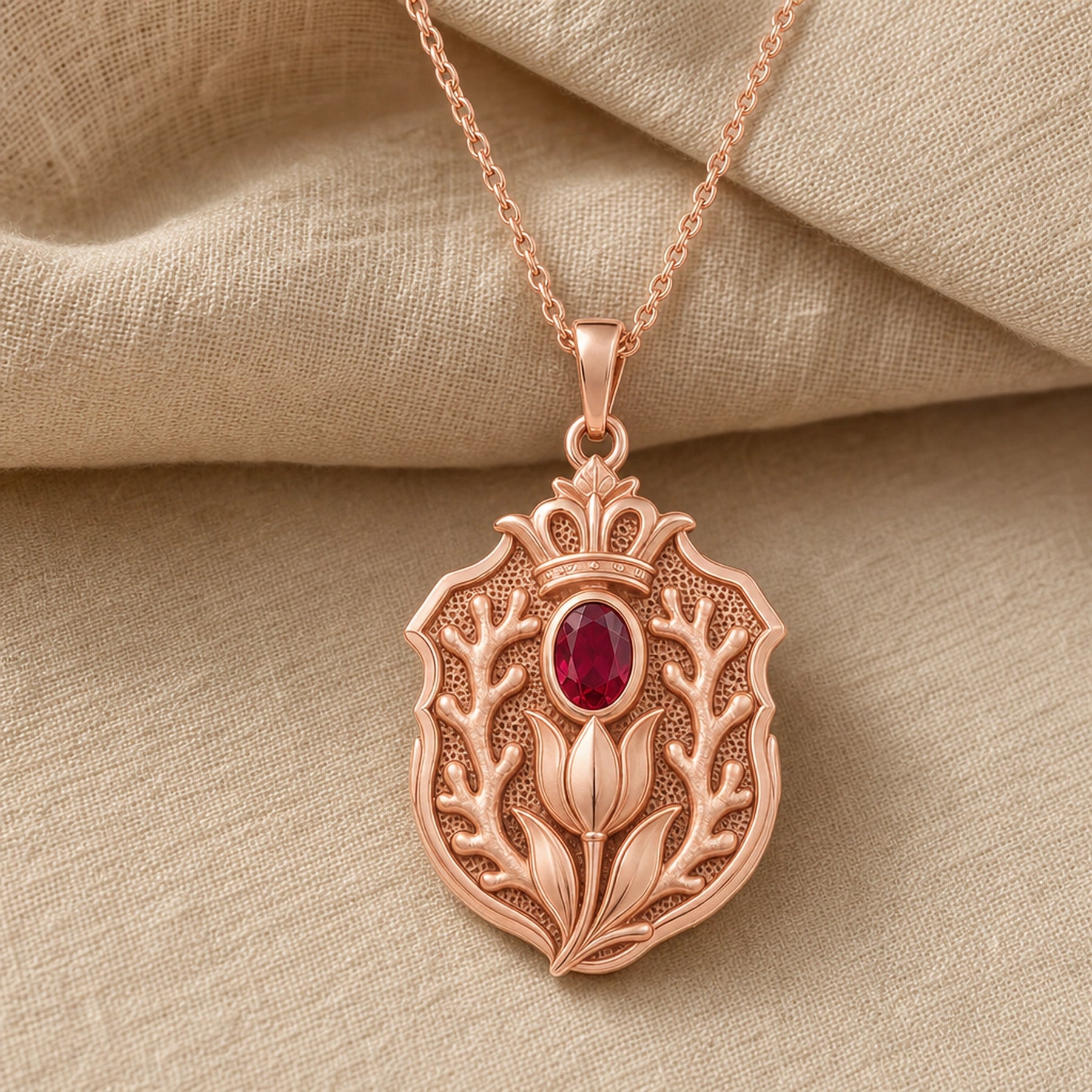 Imperial ruby sacred coral tulip pendant with a faceted deep-red oval stone in a smooth bezel setting, crowned detail, raised tulip bloom, and branching coral-inspired relief. Rose gold finish.