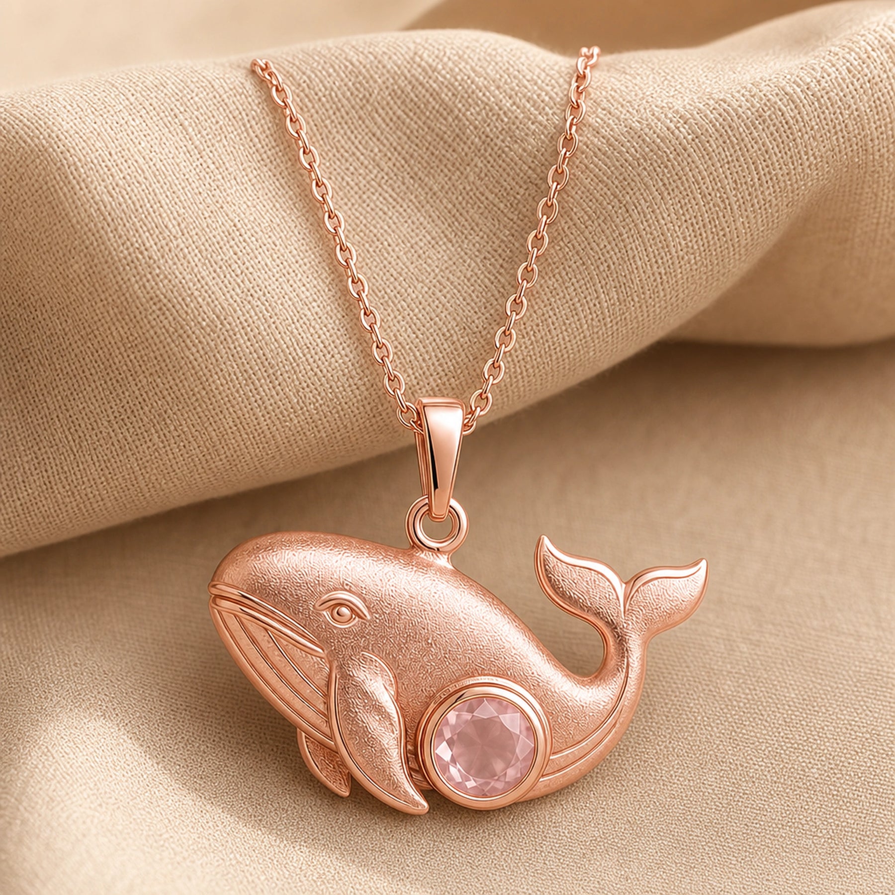 925 sterling silver whale pendant with sculpted fins, lifted tail and a round pale pink rose quartz centerpiece. Rose gold finish.