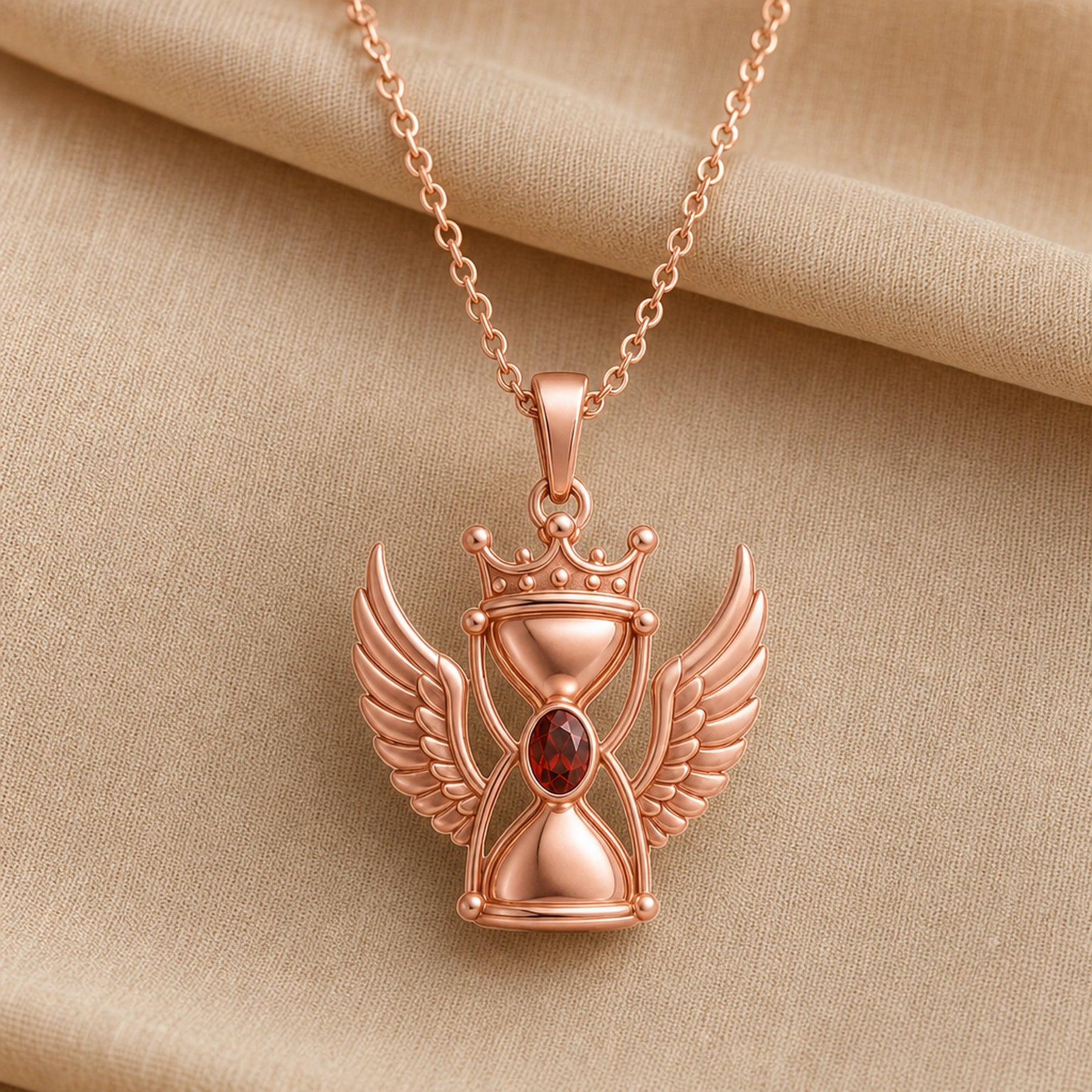Crowned winged hourglass garnet pendant with layered feathered wings, raised crown detail, sculpted hourglass frame, and faceted deep red garnet centerpiece. Rose gold finish.