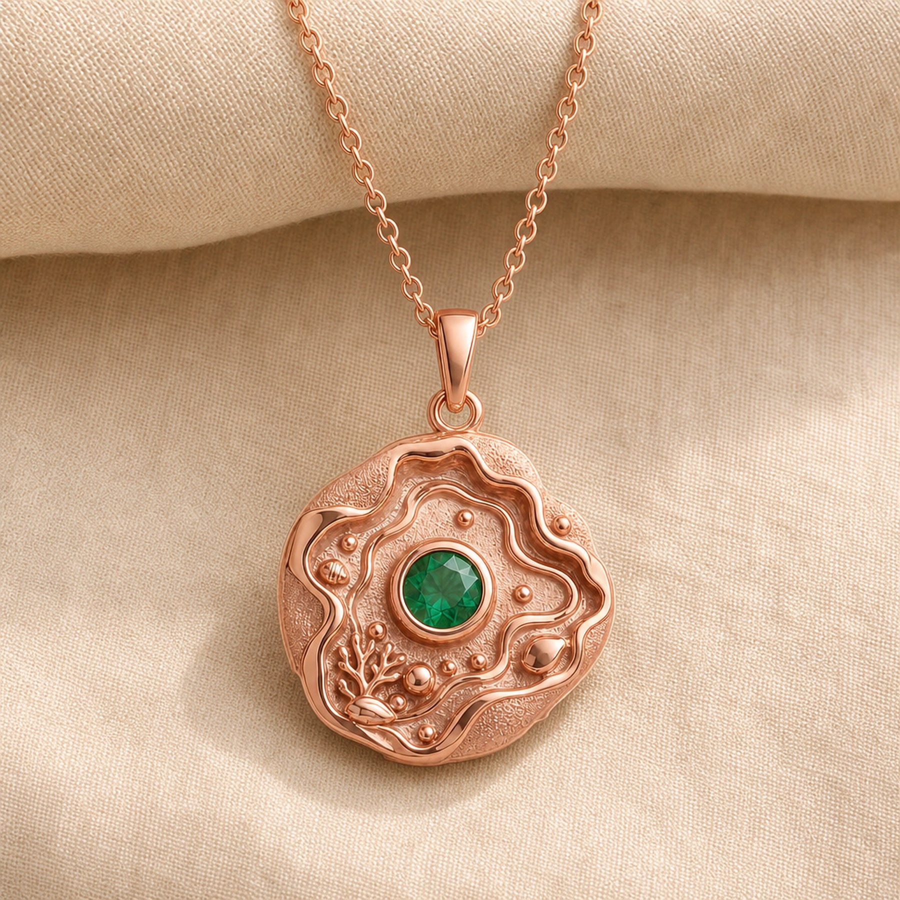 Emerald tide pool pendant necklace with a faceted green center stone in a bezel setting, surrounded by layered wave relief, shell details, coral-inspired accents, and textured ocean motifs. Rose gold finish.