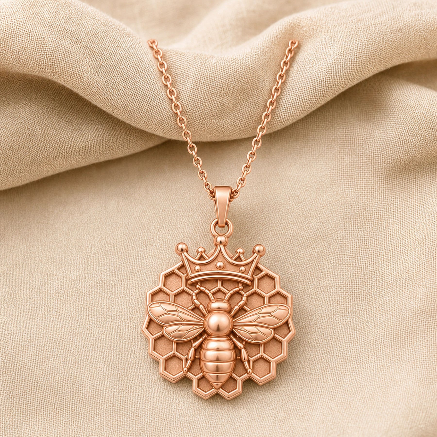 Crowned bee honeycomb pendant in 925 sterling silver, featuring a raised bee with textured wings, a sculpted crown, and open hexagonal honeycomb detailing. Rose gold finish.