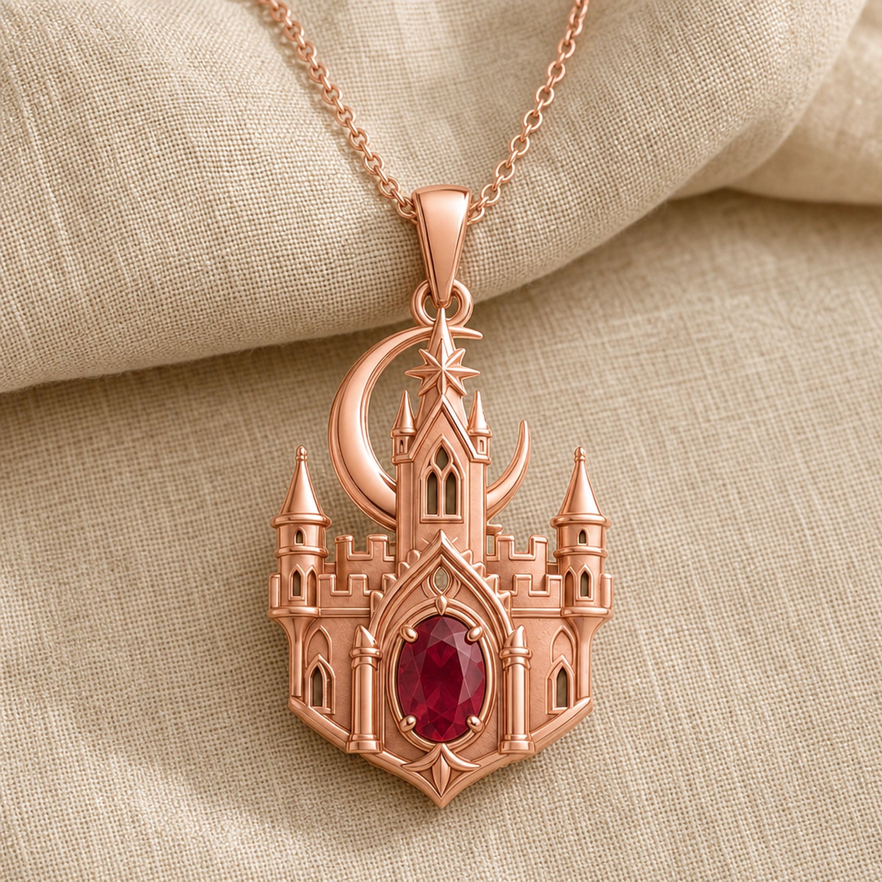 Ruby Moonspire Castle Pendant in 925 sterling silver with detailed pointed towers, arched windows, a crescent moon, star accent, and oval deep red ruby-colored stone in a prong setting. Rose gold finish.