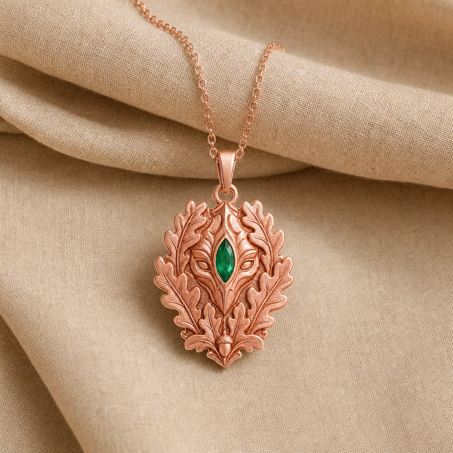 Marquise emerald oakleaf pendant with a vivid green stone set at the center of a sculpted guardian face, framed by raised oak leaves and an acorn detail. Rose gold finish.