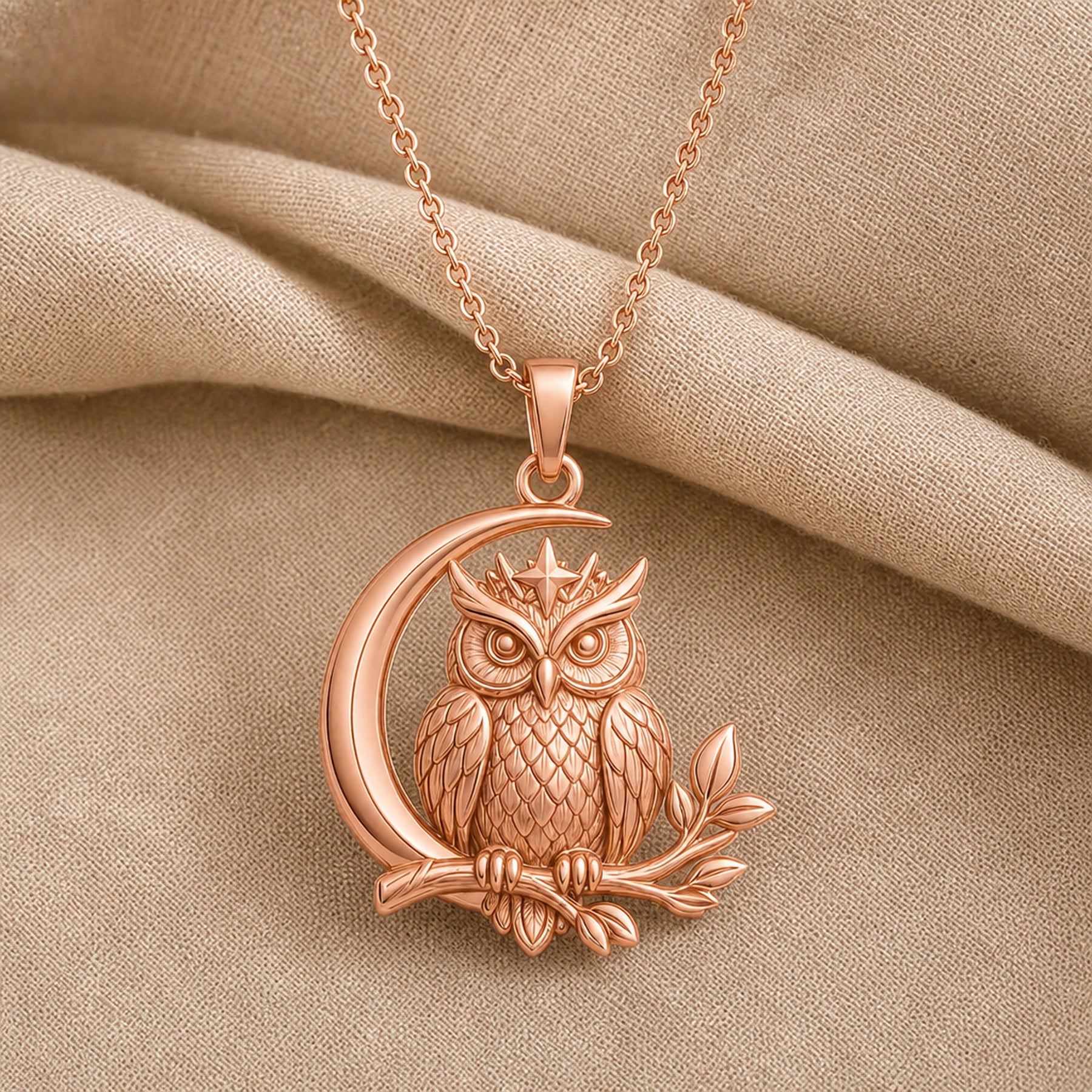 Moonbranch owl pendant in 925 sterling silver with a detailed feathered owl perched on a leafy branch, framed by a crescent moon and raised star accent. Rose gold finish.