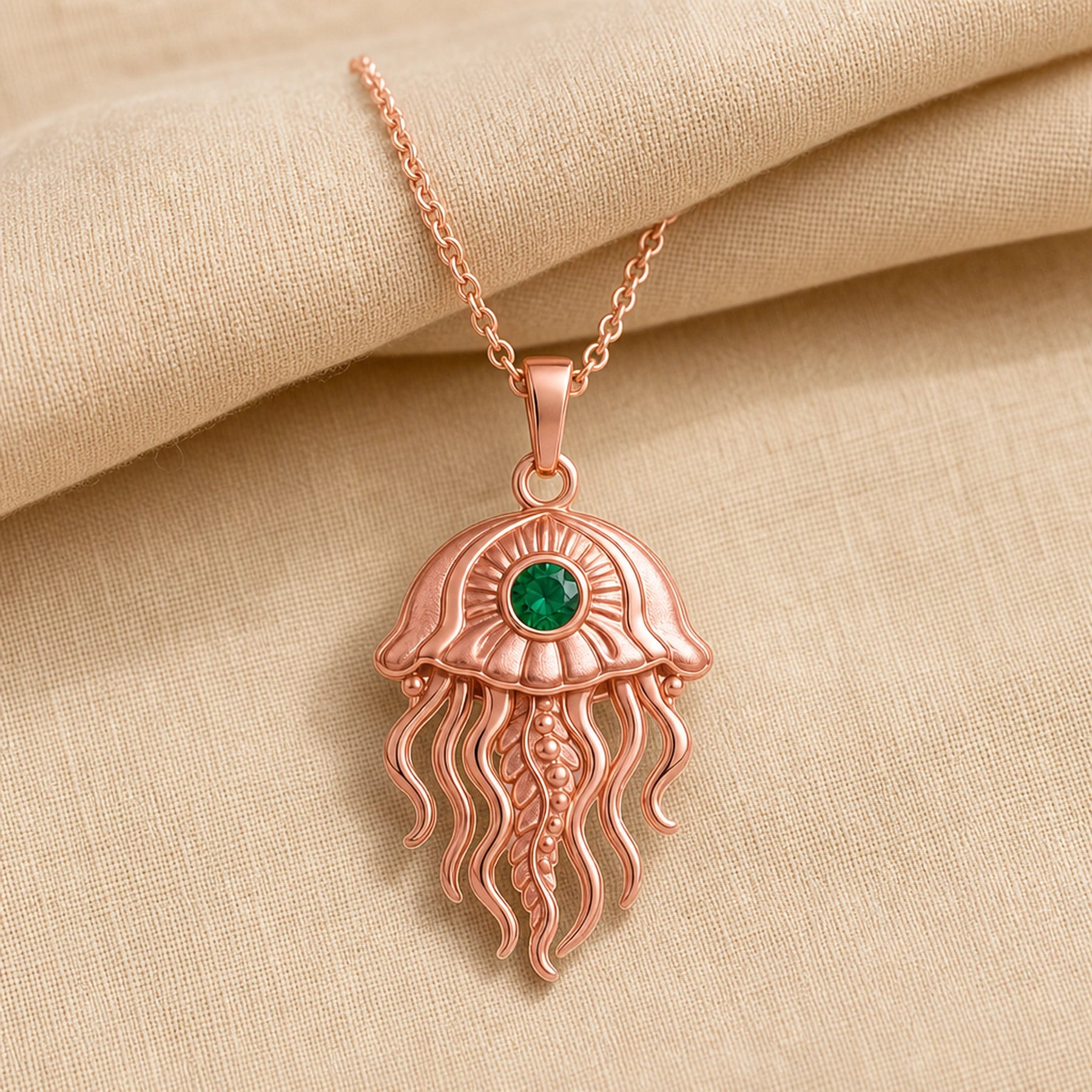 Emerald jellyfish pendant necklace with a round faceted green stone in a bezel-style setting, a textured domed bell, and flowing sculpted tentacles. Rose gold finish.