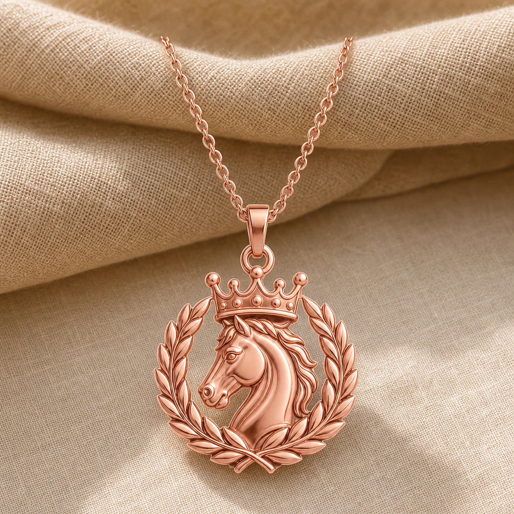 Imperial horse laurel crown pendant necklace with a sculpted horse head, ornate crown, detailed laurel wreath, raised relief, and warm yellow-toned finish on a cable chain. Rose gold finish.