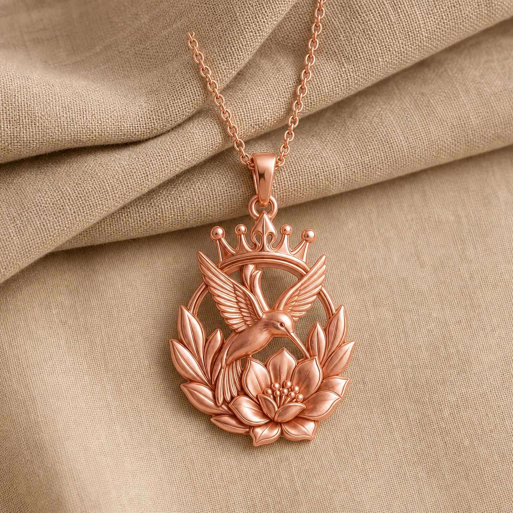 Crownblossom hummingbird pendant necklace with a raised crown, detailed flying bird, open leaf wreath, and sculpted flower in a warm-toned finish. Rose gold finish.