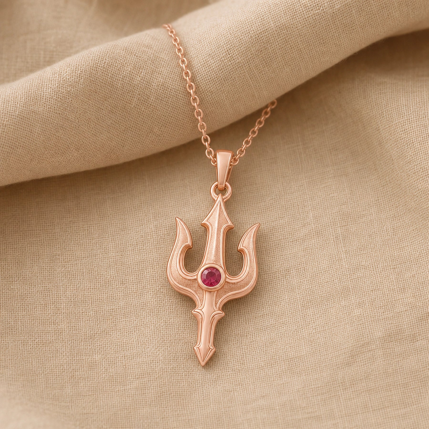 Ruby trident pendant necklace in 925 sterling silver with curved three-pronged relief design and a round vivid red center stone in a bezel-style setting. Rose gold finish.