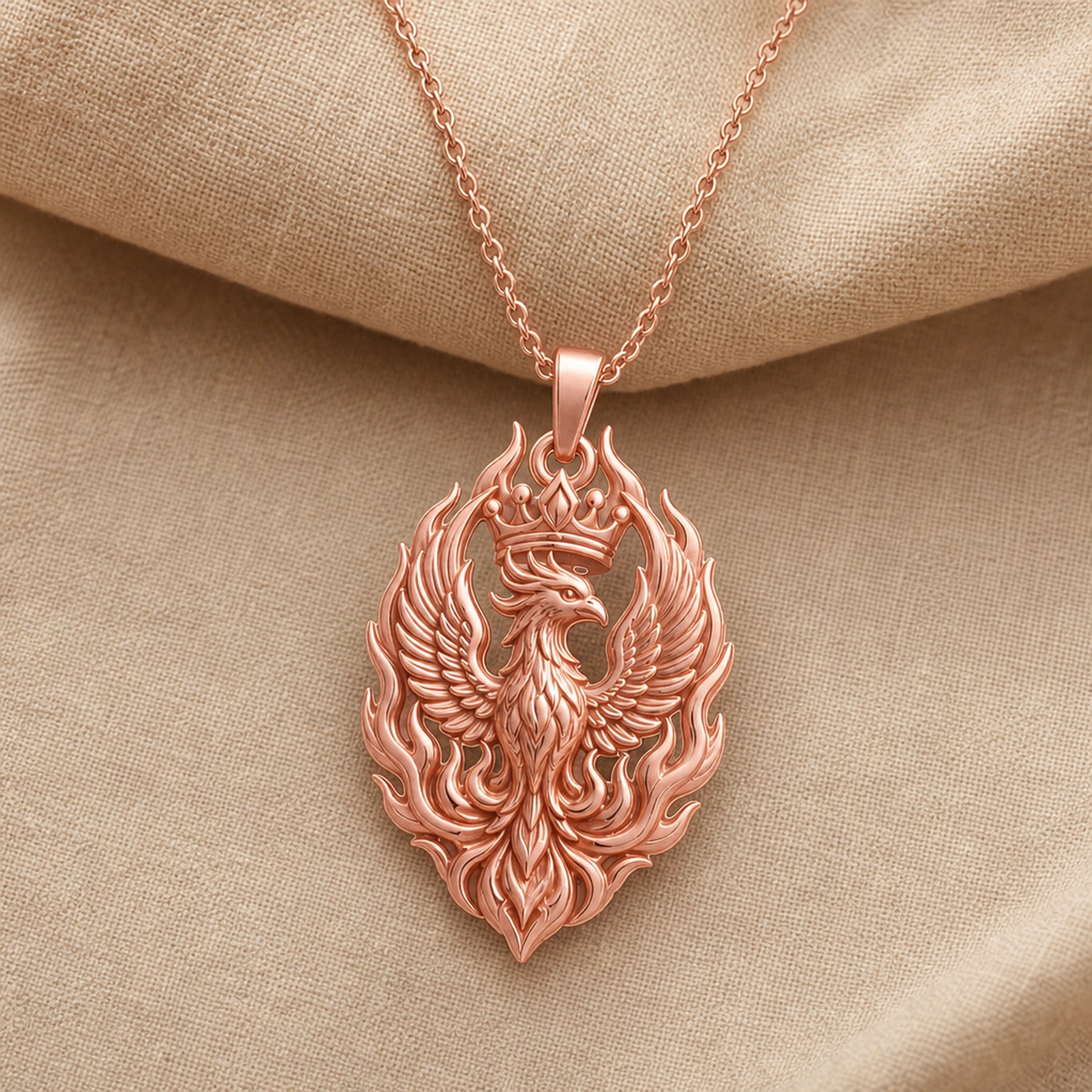 Imperial phoenix crown pendant with raised feathered wings, a detailed crowned bird, and flowing flame-like openwork in a polished sculptural finish. Rose gold finish.