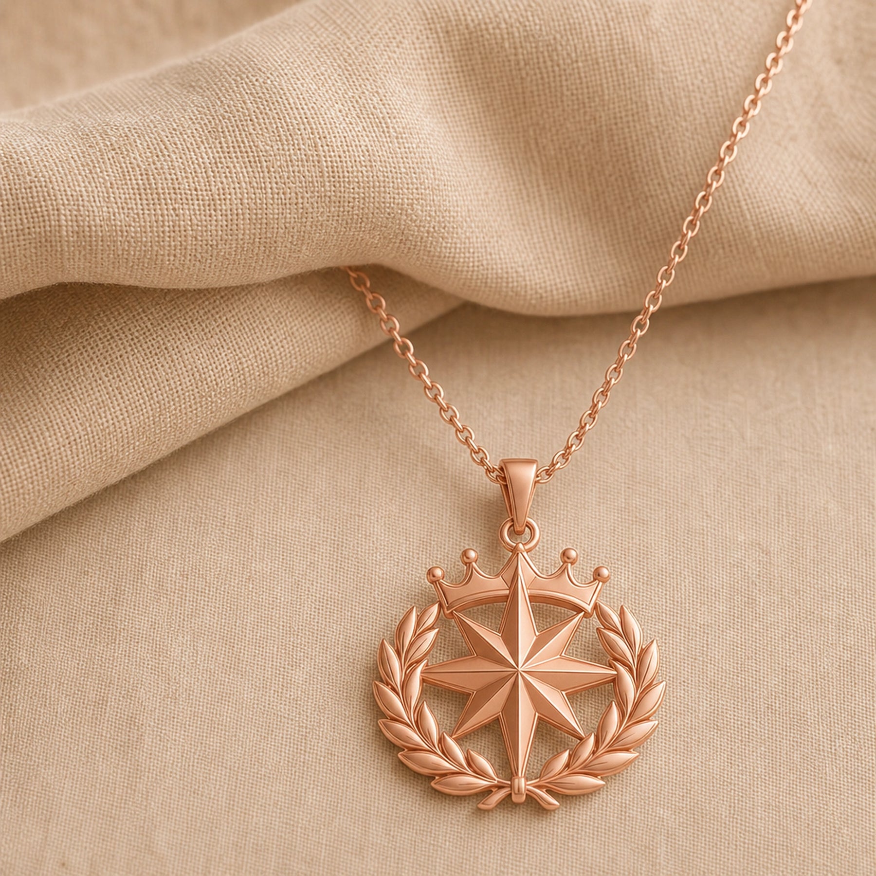 North Star laurel crown pendant with a raised faceted eight-point star, sculpted laurel leaf wreath, and detailed crown motif on a cable chain. Rose gold finish.