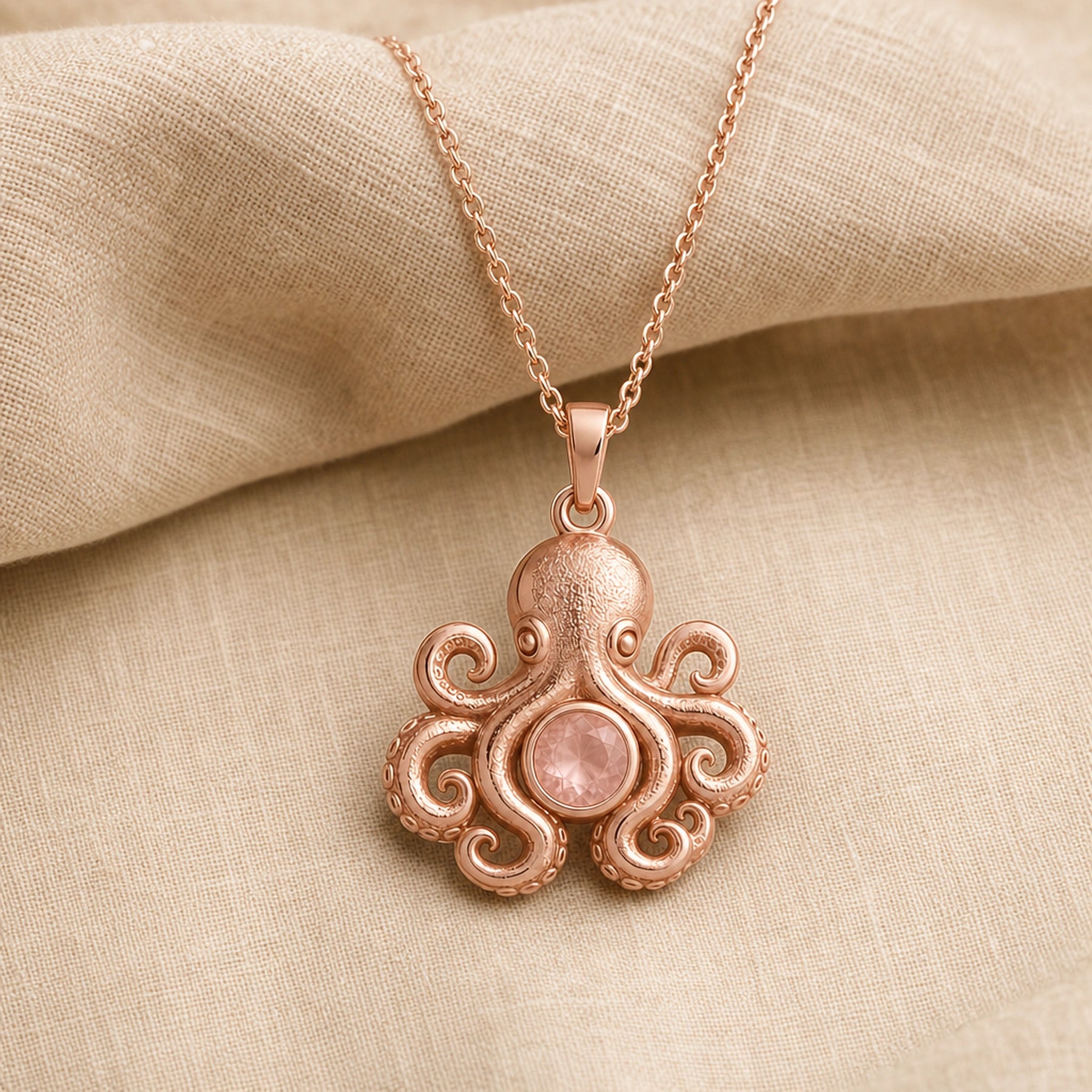 Rose quartz octopus pendant with a round pale pink stone in a smooth bezel setting, textured octopus head, curled tentacles, and ornate raised marine details. Rose gold finish.
