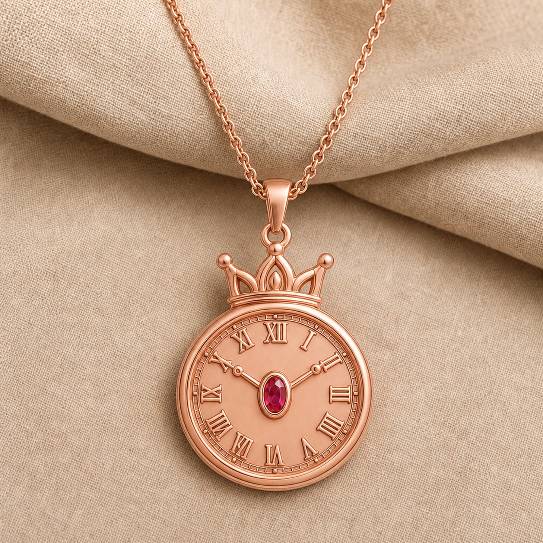 Ruby crowned Roman clock pendant with raised Roman numerals, ornate beaded clock border, sculpted crown, slim hands, and an oval ruby-red center stone in a bezel-style setting. Rose gold finish.