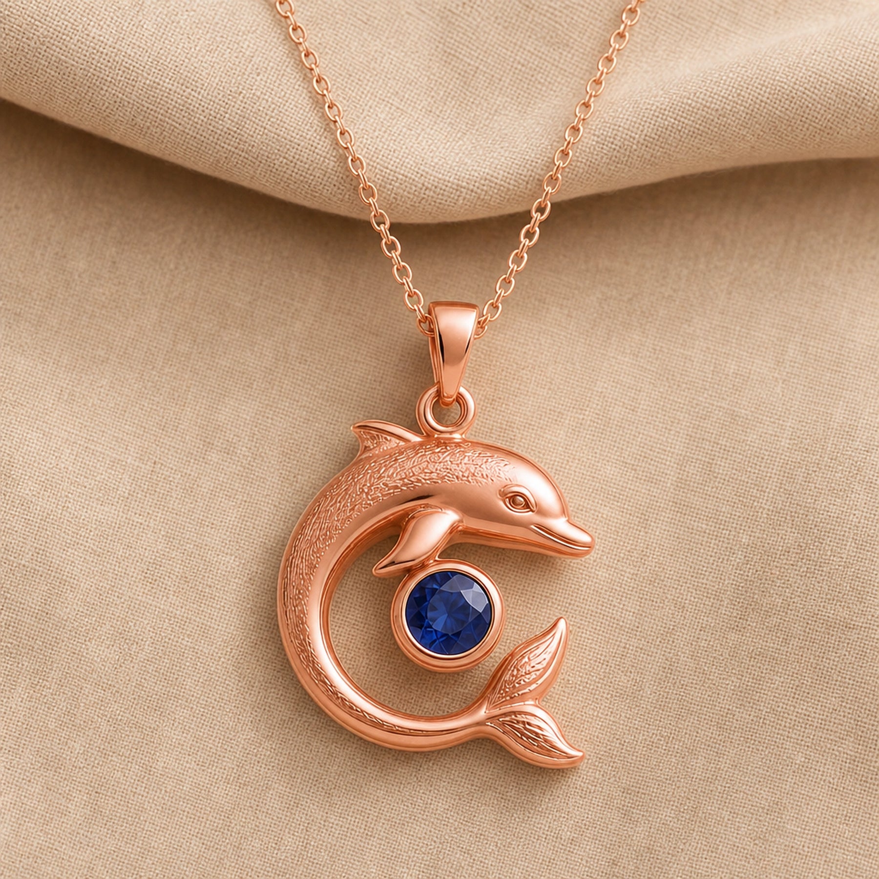 925 sterling silver dolphin pendant in a curved swimming pose around a round blue sapphire centerpiece. Rose gold finish.