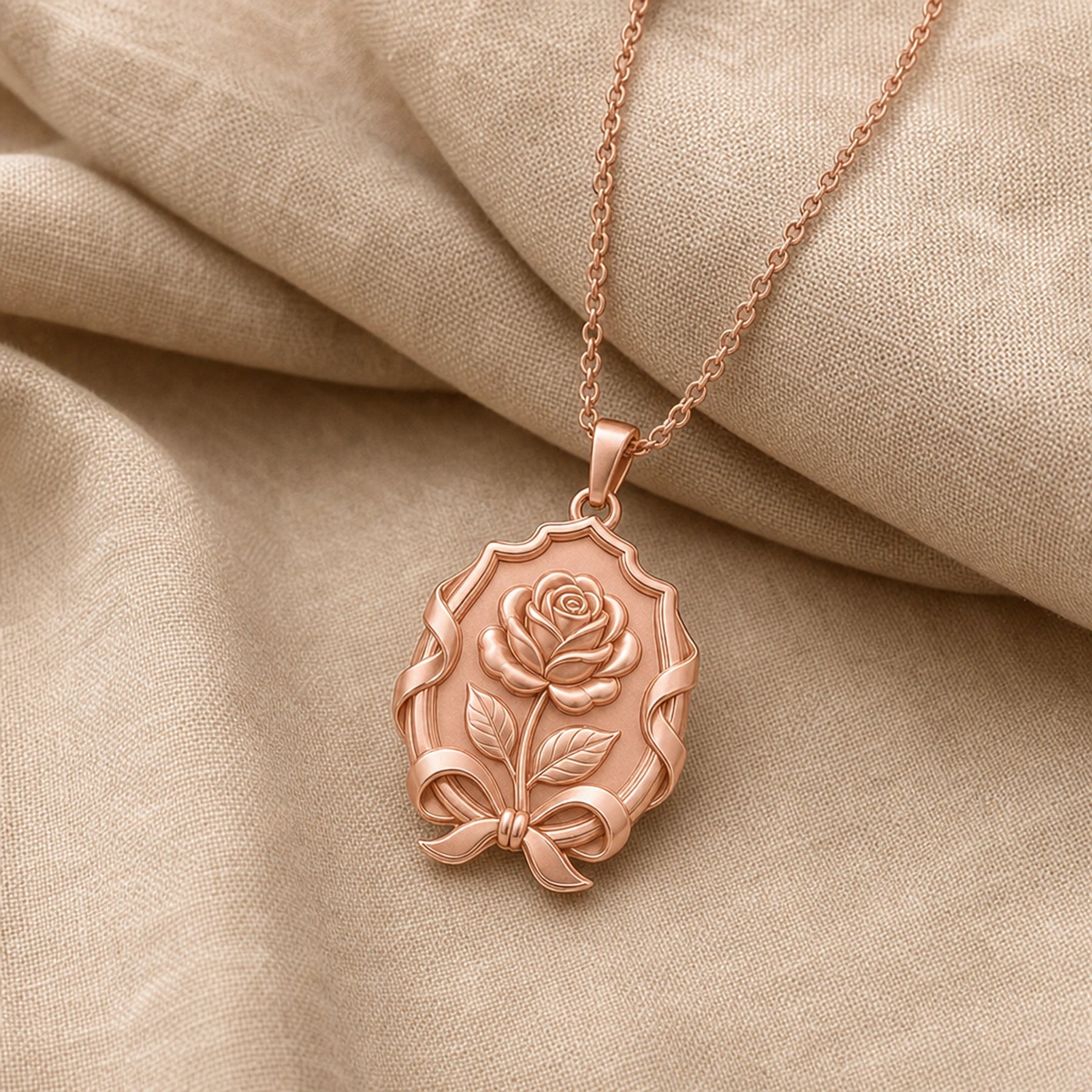 Duchess rose ribbon emblem pendant with a raised floral relief, engraved leaves, flowing ribbon frame, bow detail, and polished warm-toned finish. Rose gold finish.