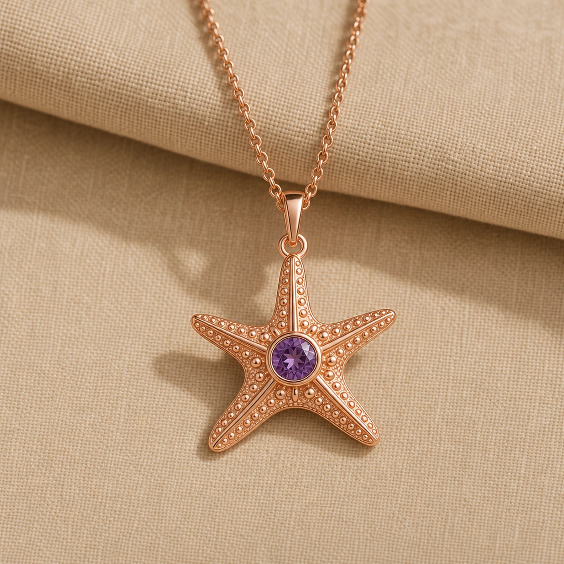 925 sterling silver five-arm starfish pendant with raised bead texture and a round purple amethyst centerpiece. Rose gold finish.