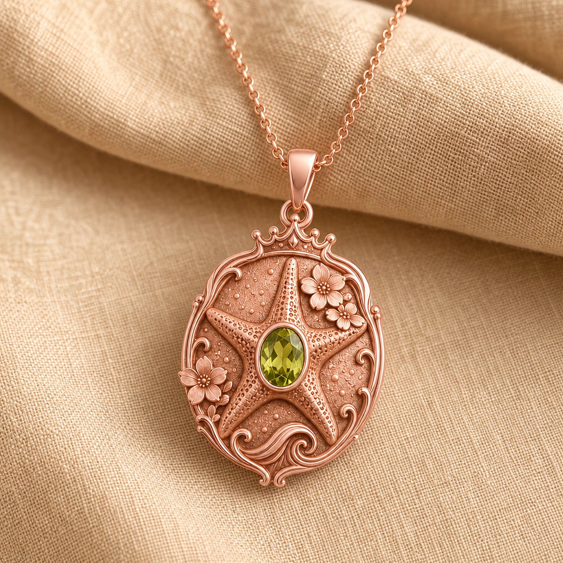 Ornate peridot Sakura starfish locket pendant with a raised textured starfish, small floral details, scrolling border and oval green stone in a bezel-style setting. Rose gold finish.