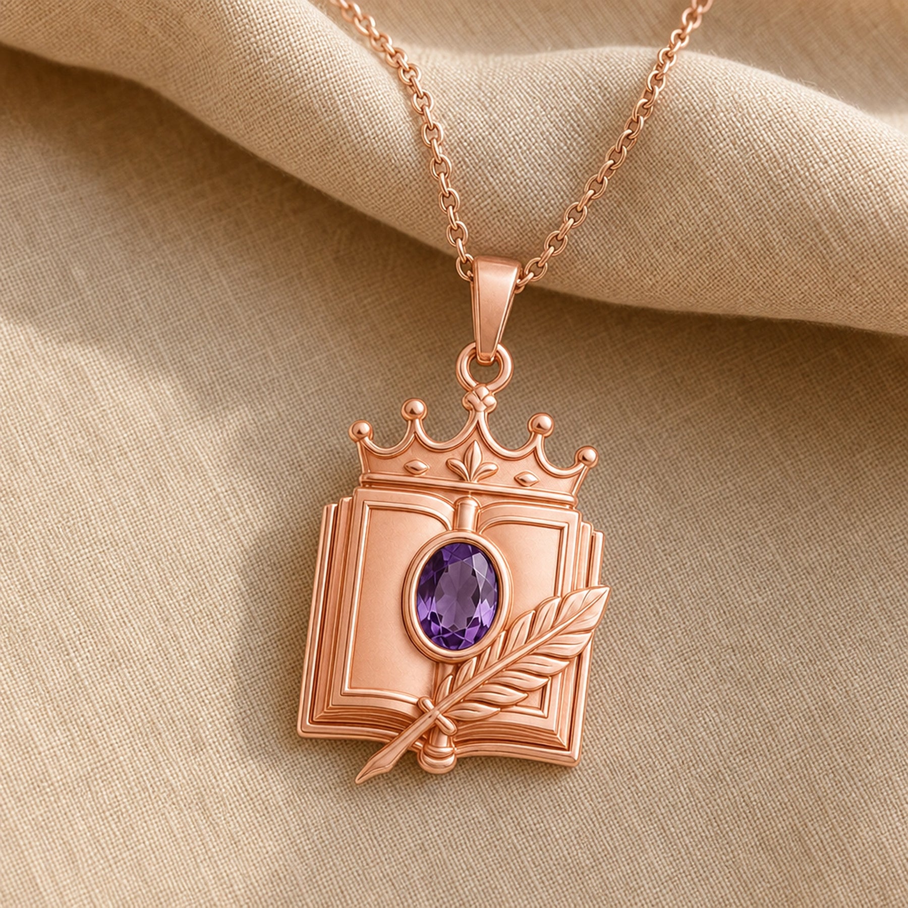 Crowned quill codex amethyst pendant with an oval faceted purple stone in a raised setting, detailed book frame, sculpted feather, and ornate crown motif. Rose gold finish.