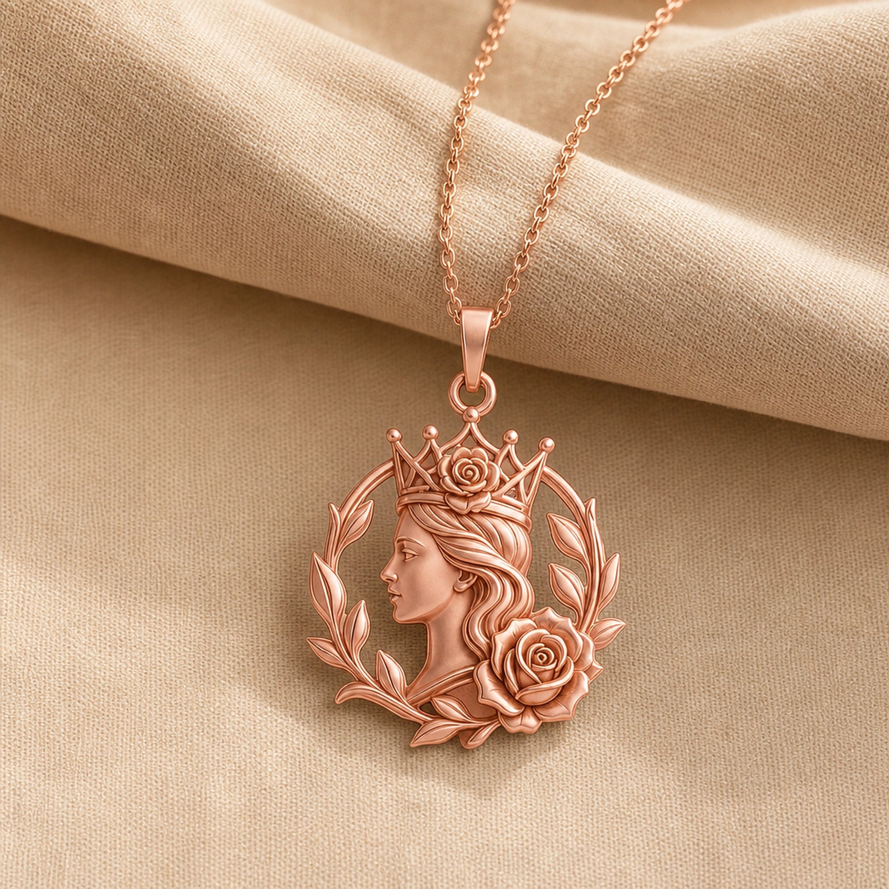 Handcrafted 925 sterling silver queen portrait tema rose crown shown as a detailed pendant necklace. Rose gold finish.