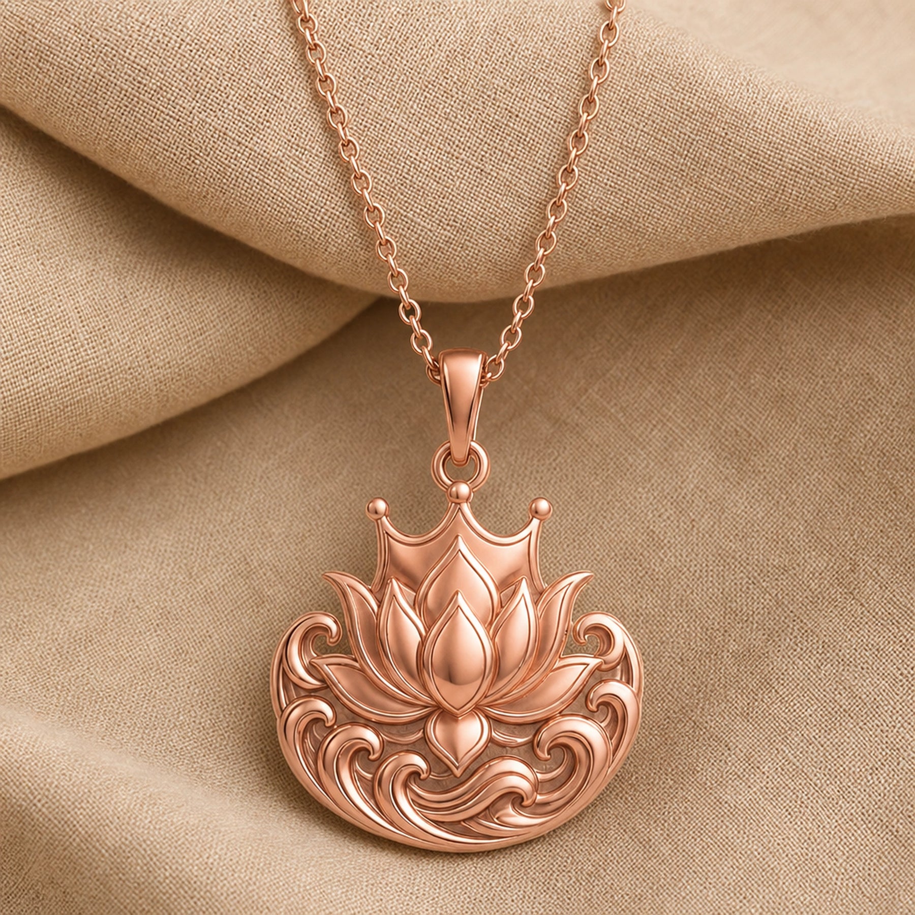 Royal Lotus Tidecrown pendant with a raised lotus bloom, crown-like arches, and detailed wave scrollwork in a polished stone-free 925 sterling silver design. Rose gold finish.