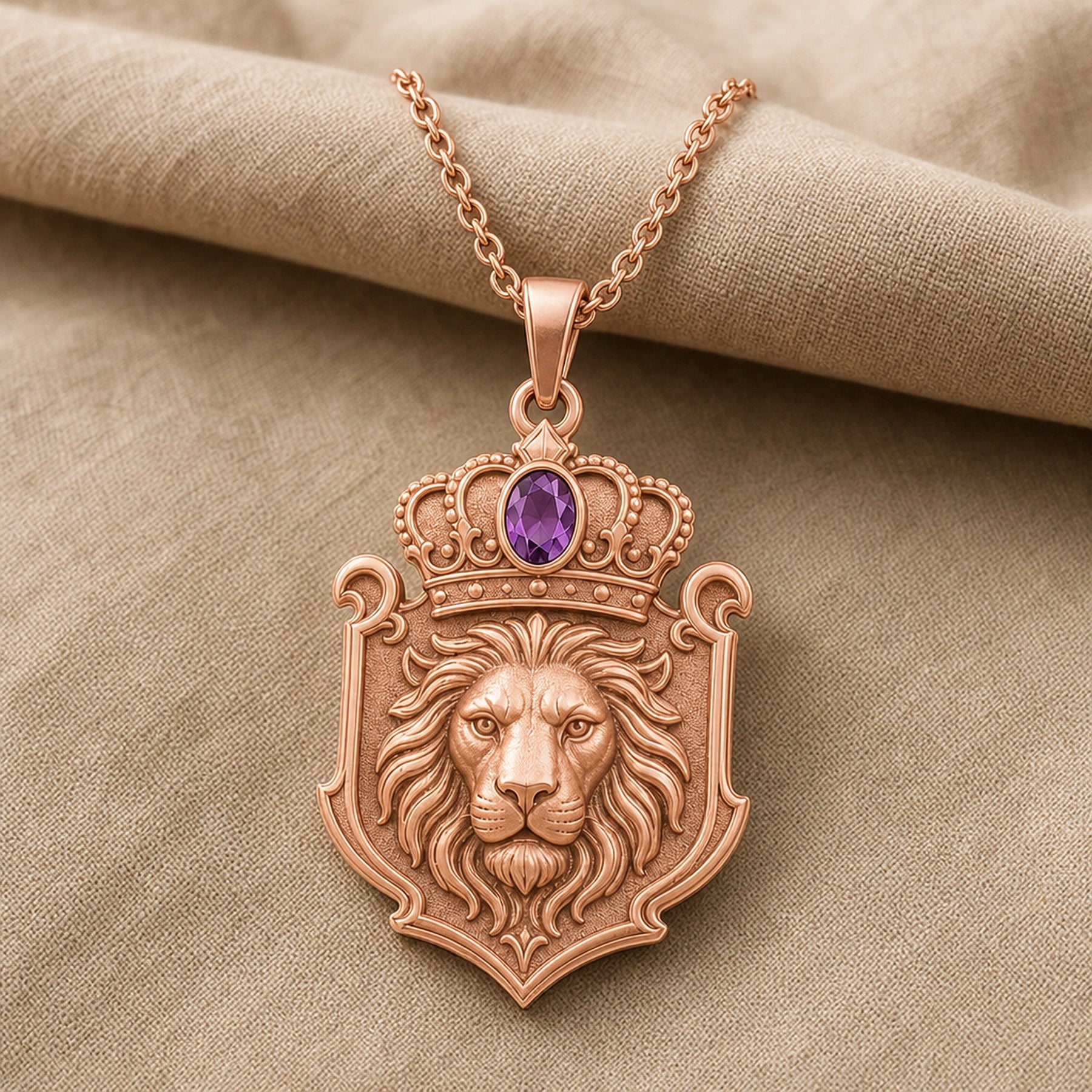 Amethyst crown lion crest pendant with a detailed lion head in a shield-shaped relief, ornate crown scrollwork, and an oval purple amethyst stone in a framed setting. Rose gold finish.