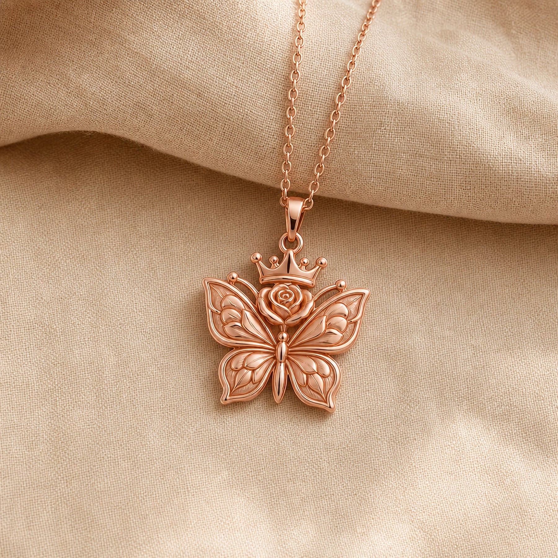 Rose-crowned butterfly pendant necklace with openwork textured wings, a raised floral rose, and a small crown above the butterfly in a warm polished finish. Rose gold finish.