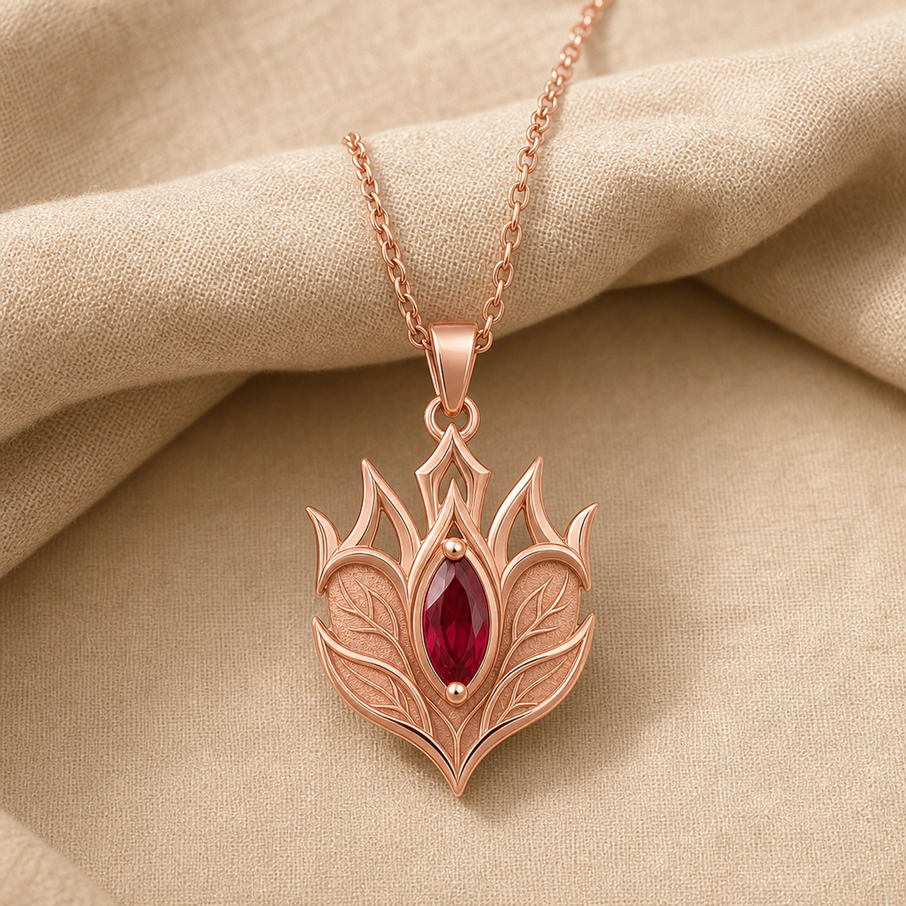 Ruby Elven Crownleaf pendant with layered engraved leaf details, pointed crown-like shapes, and a deep red marquise-shaped stone in a raised central setting. Rose gold finish.