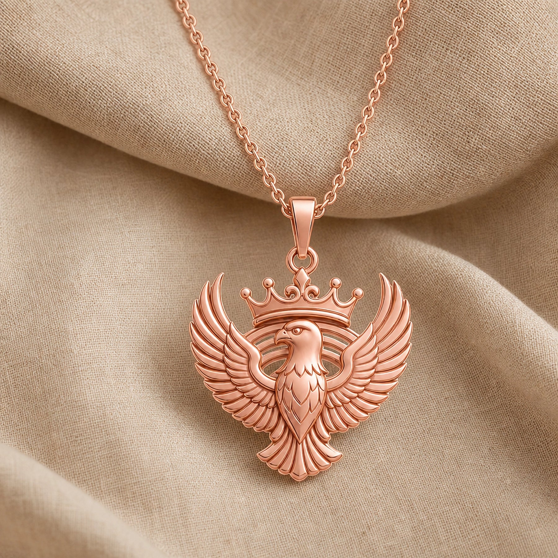 Crowned sky falcon pendant with wide spread wings, layered feather relief, a detailed bird head, sculpted crown, and warm-toned finish on a cable chain. Rose gold finish.