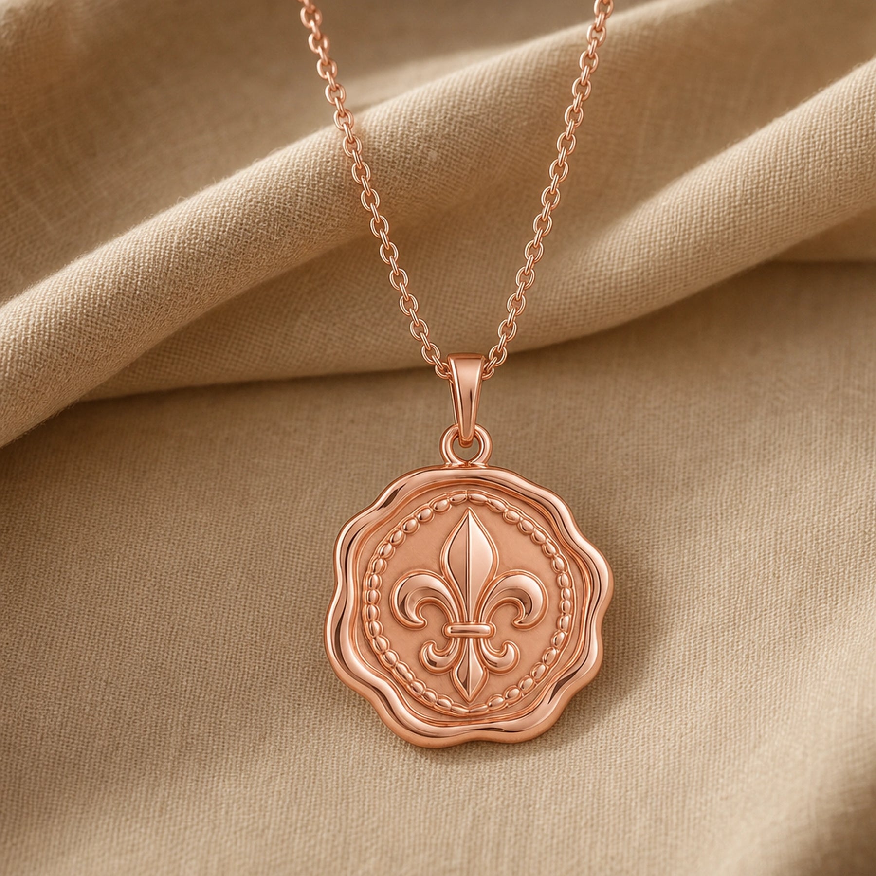 Fleur-de-lis wax seal pendant with a raised heraldic lily, beaded inner border, scalloped circular seal edge, polished warm yellow finish, and cable chain. Rose gold finish.