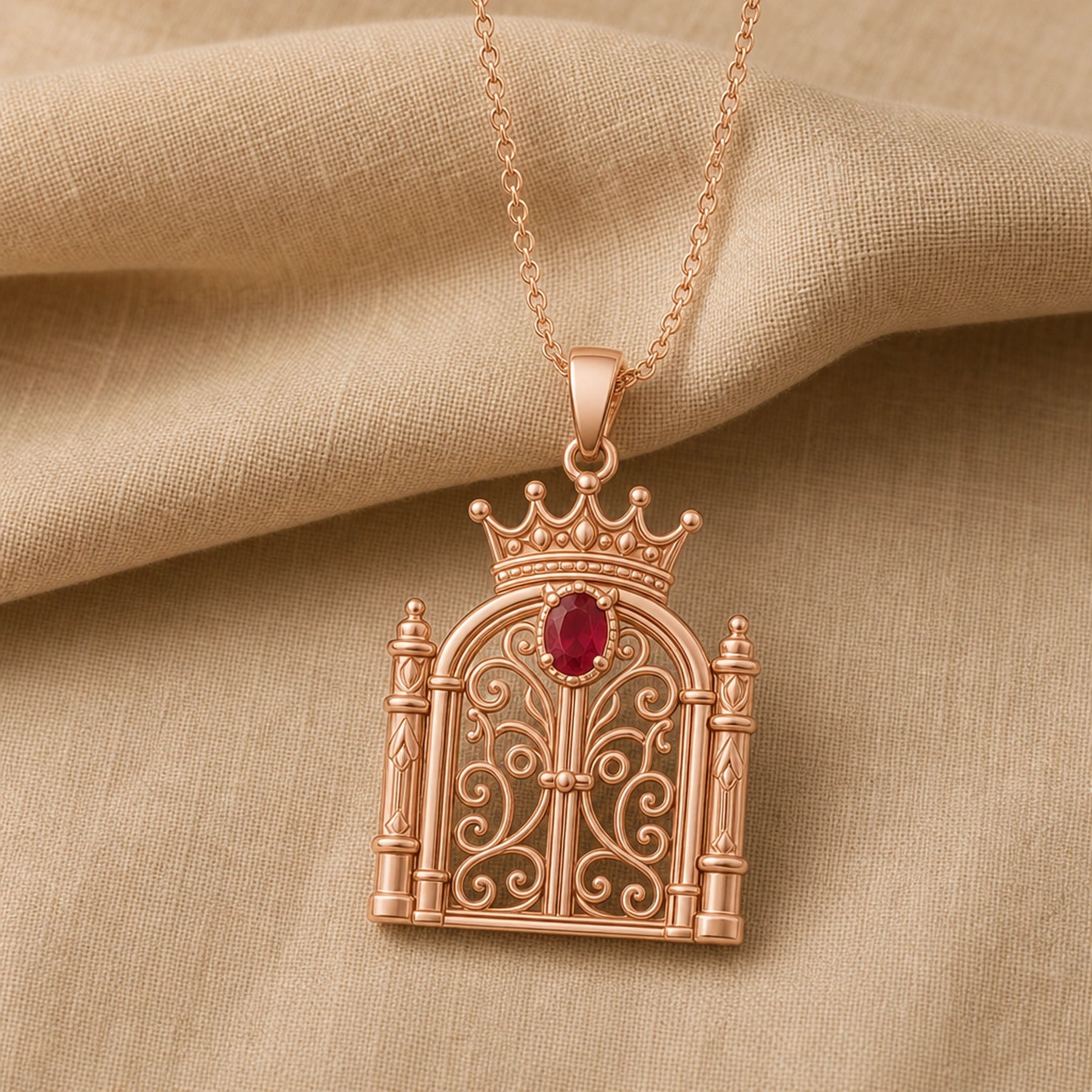 Ruby crowned gate pendant with a deep red oval stone in a raised setting, ornate curling ironwork, framed columns, and a detailed crown above the arched gate. Rose gold finish.