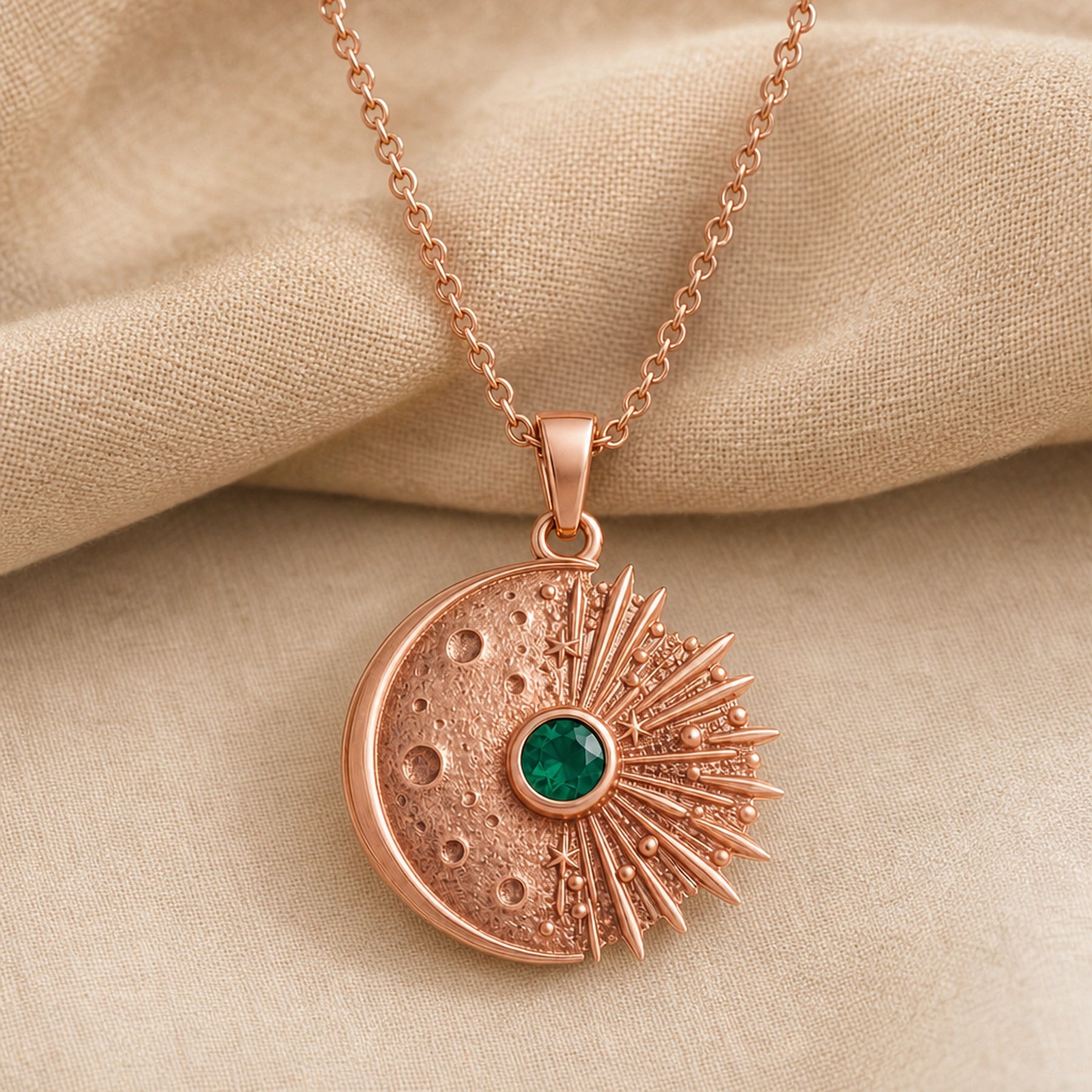 Kepler emerald supernova pendant with a cratered crescent moon, round green emerald center stone in a smooth setting, and detailed radiant starburst rays. Rose gold finish.