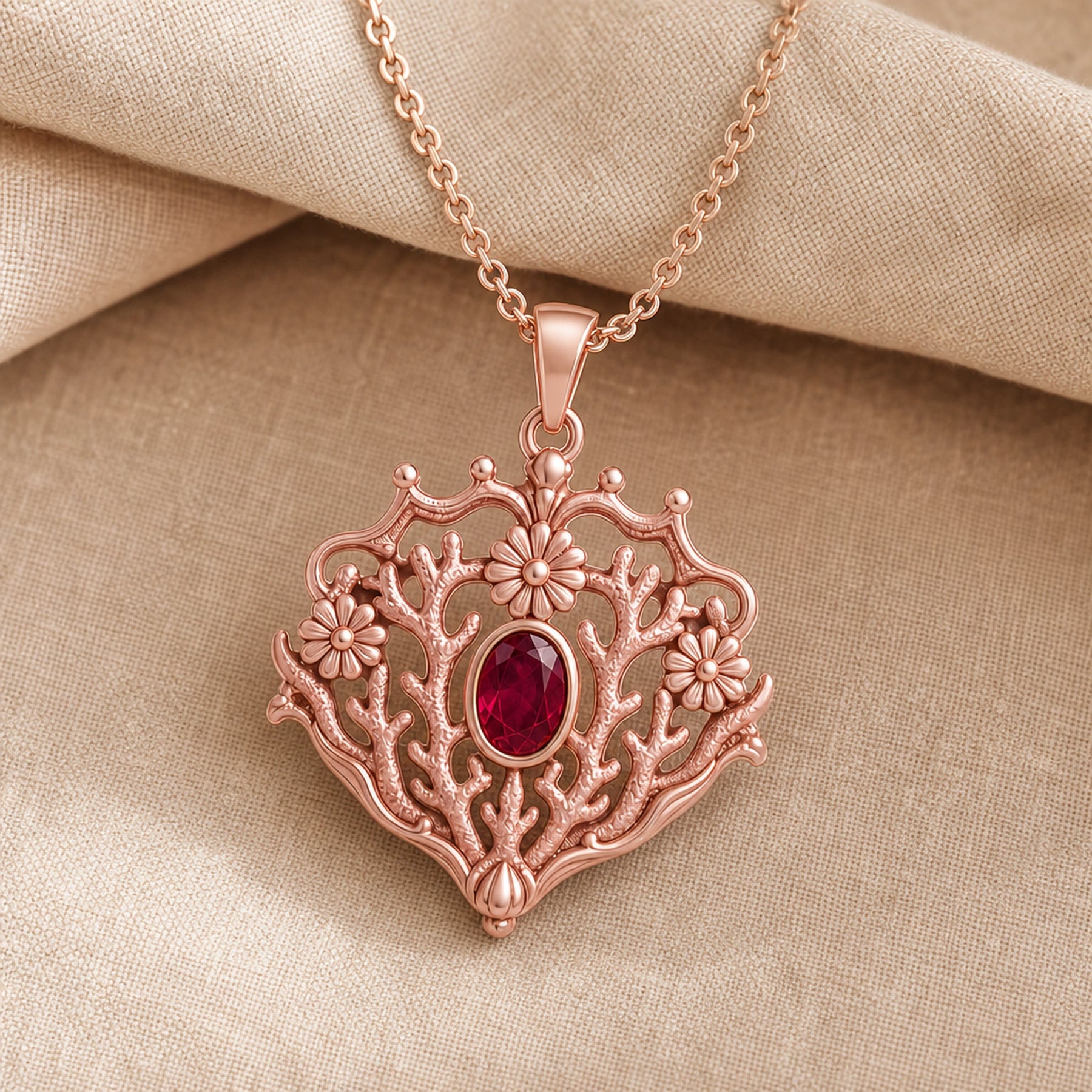 Ruby coral crown daisy pendant with an oval deep-red stone in a smooth bezel, raised daisy flowers, and branching coral-like openwork in an ornate frame. Rose gold finish.