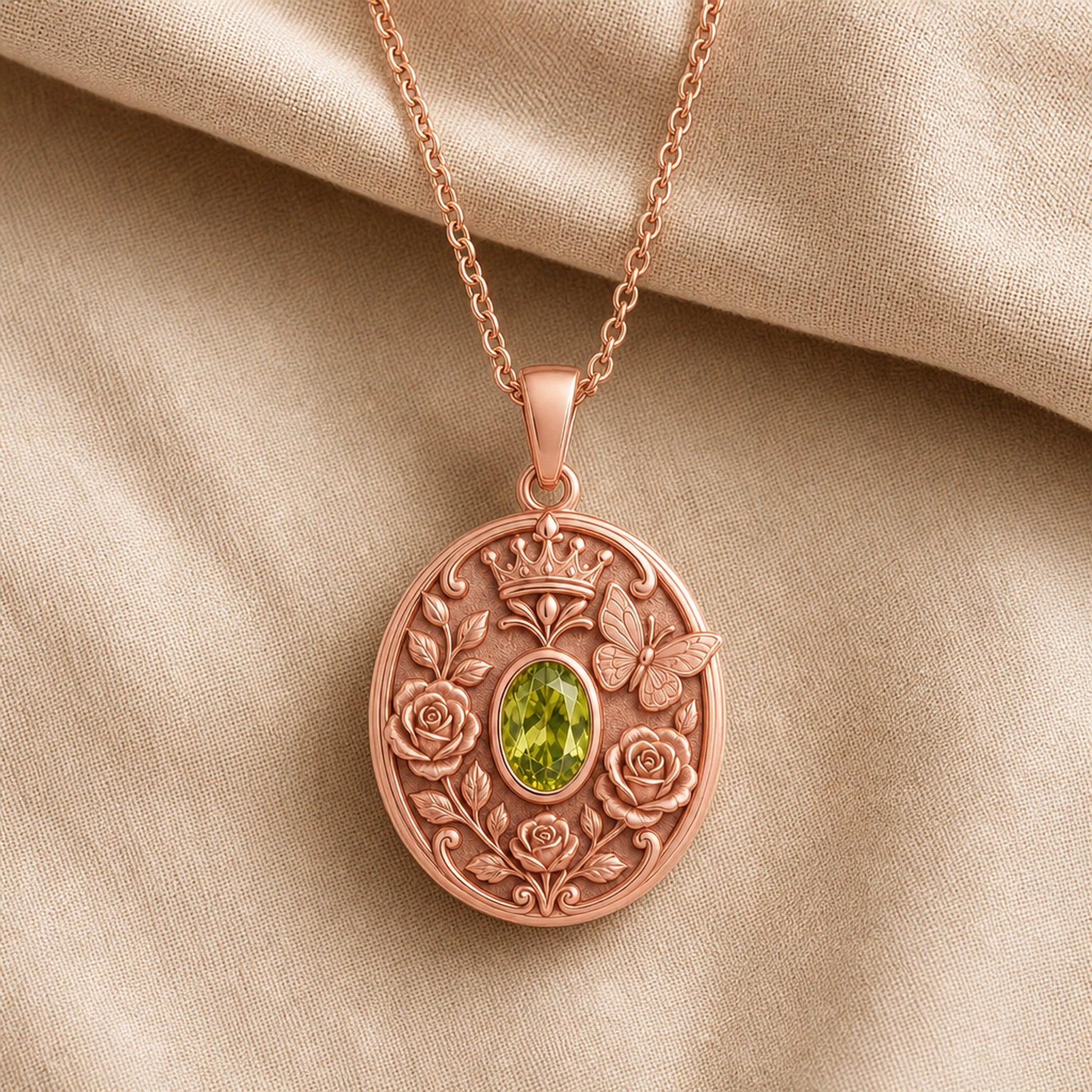 Oval peridot butterfly pendant in 925 sterling silver with a faceted green stone, raised roses, leafy vines, crown detail, and a sculpted butterfly. Rose gold finish.