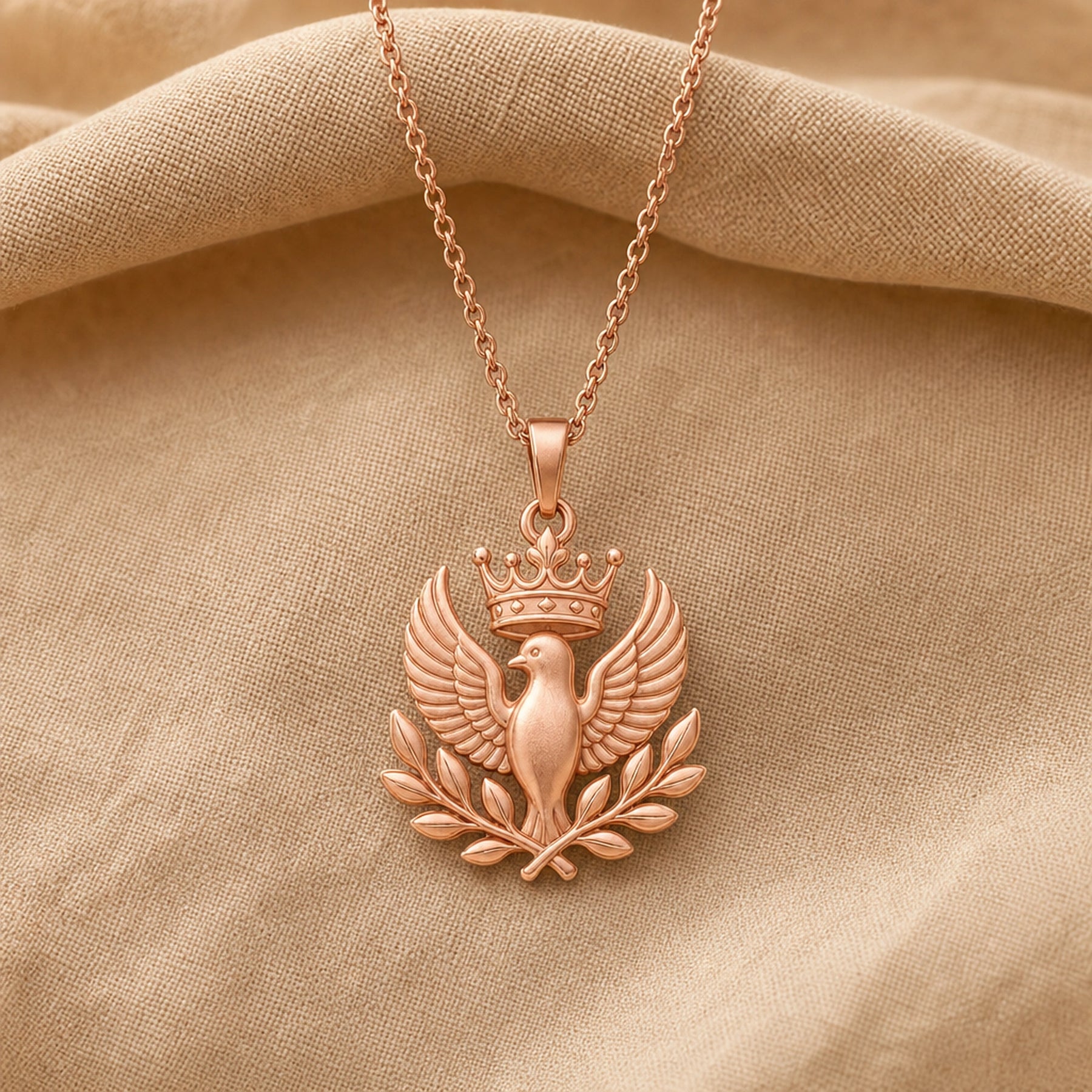 Regal olive dove crown pendant in 925 sterling silver, showing a raised dove with spread feathered wings, a detailed crown above, and crossed olive branches below without a gemstone setting. Rose gold finish.
