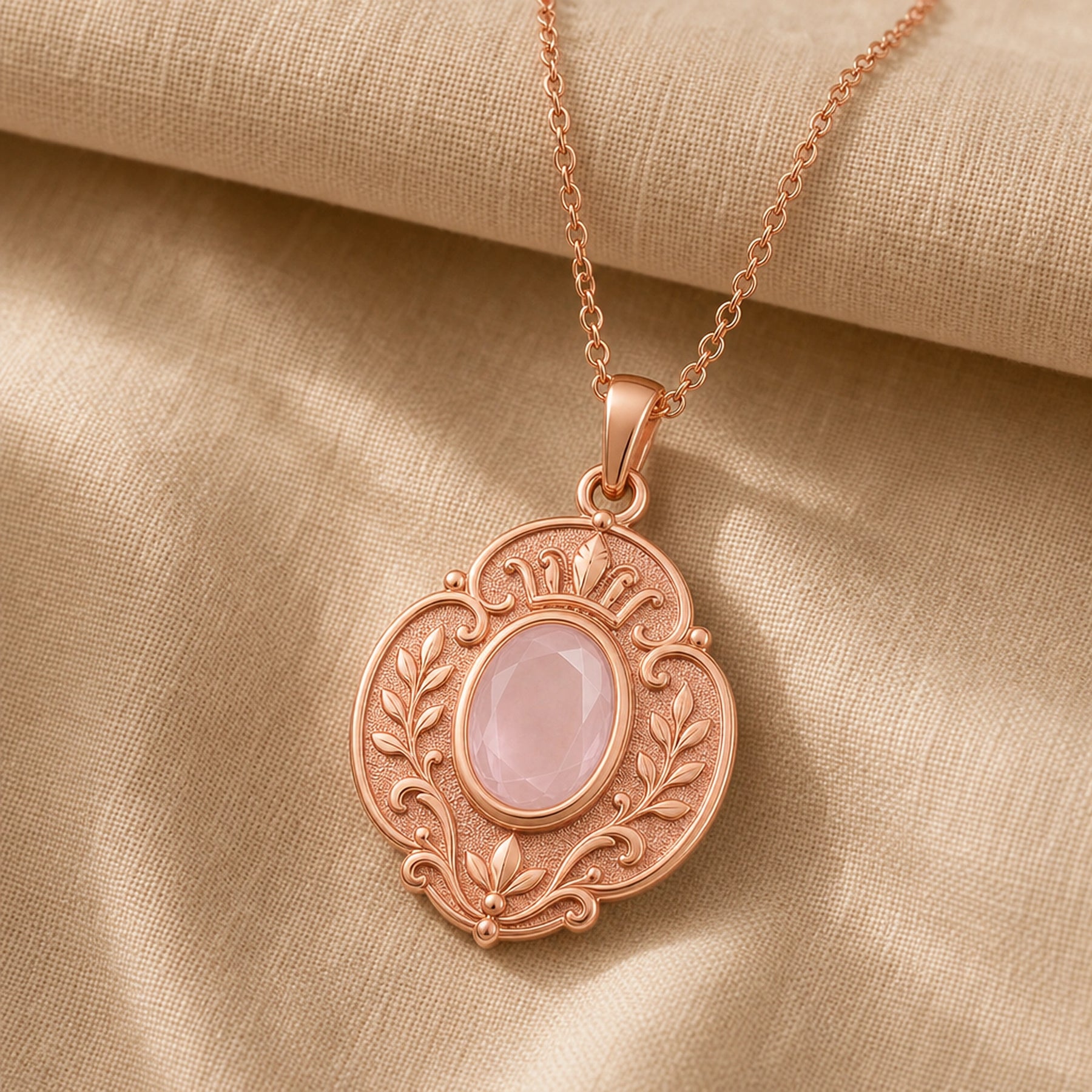 Rose quartz regal garden pendant with a faceted oval pink stone in a smooth bezel setting, surrounded by raised leaf motifs, scrollwork, and textured floral details. Rose gold finish.