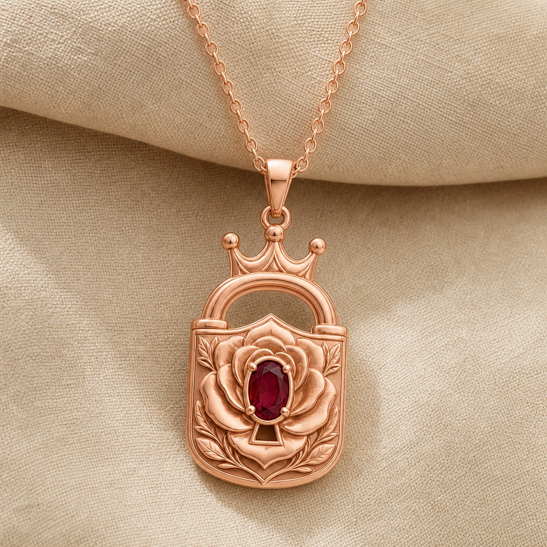 Ruby rose lock crown pendant with a deep red oval ruby in a prong setting, raised floral petals, engraved leaves, and an ornate crowned padlock design. Rose gold finish.