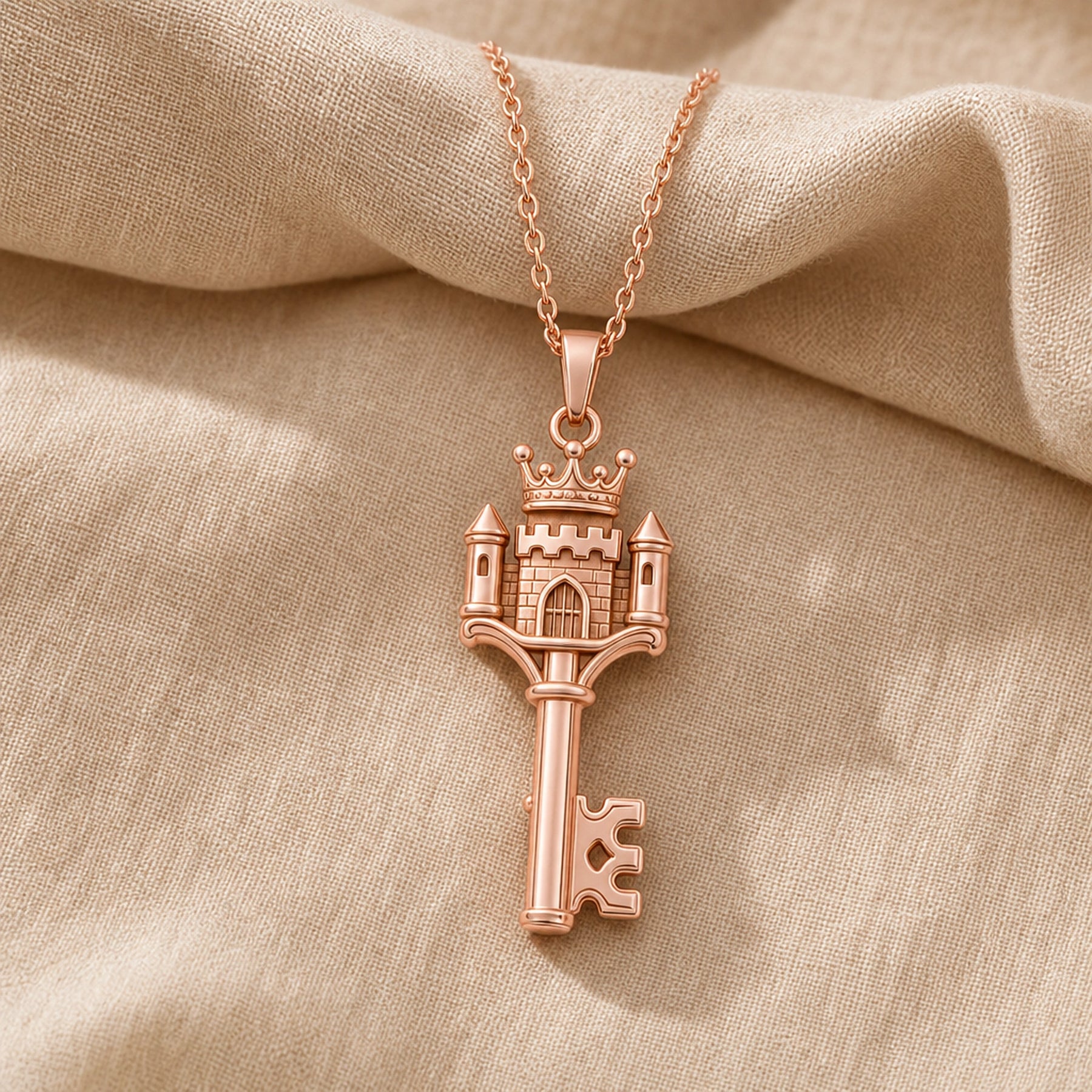 Crowned castle key pendant with raised brickwork, turreted towers, arched doorway, royal crown detail, and a polished warm-toned finish on a cable chain. Rose gold finish.