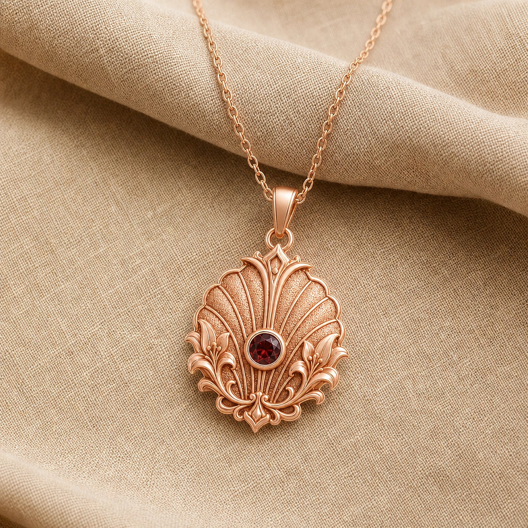 Imperial garnet lily shell pendant with a round deep-red stone in a smooth bezel, framed by raised lily flourishes and textured shell-like fan relief. Rose gold finish.