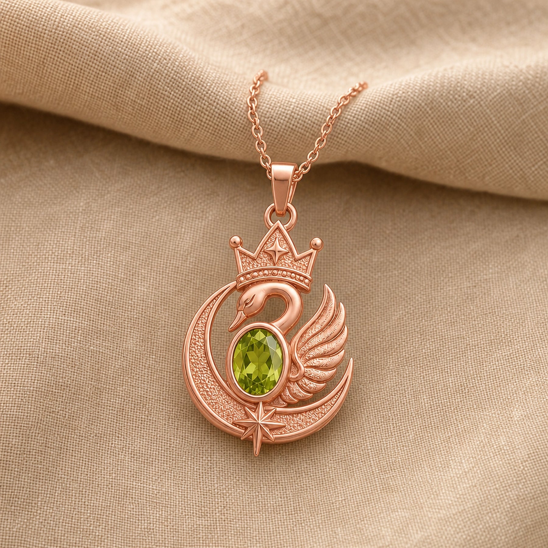 Peridot moon swan crown pendant with an oval green stone in a framed setting, detailed crowned swan, textured crescent moon, raised wing, and star accents. Rose gold finish.