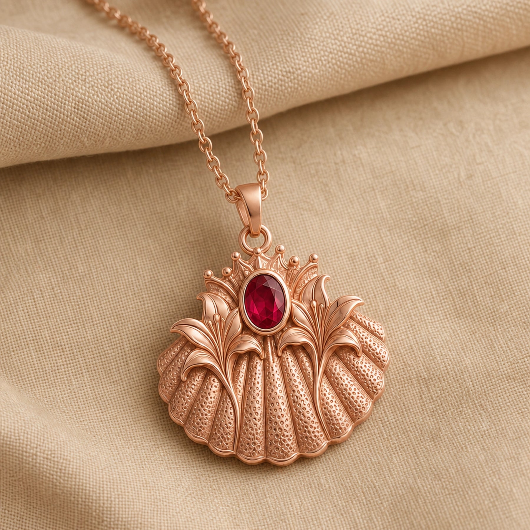 Crowned ruby lily shell pendant with raised lily petals, textured shell relief, crown detail, and an oval ruby-red stone in a smooth bezel-style setting. Rose gold finish.