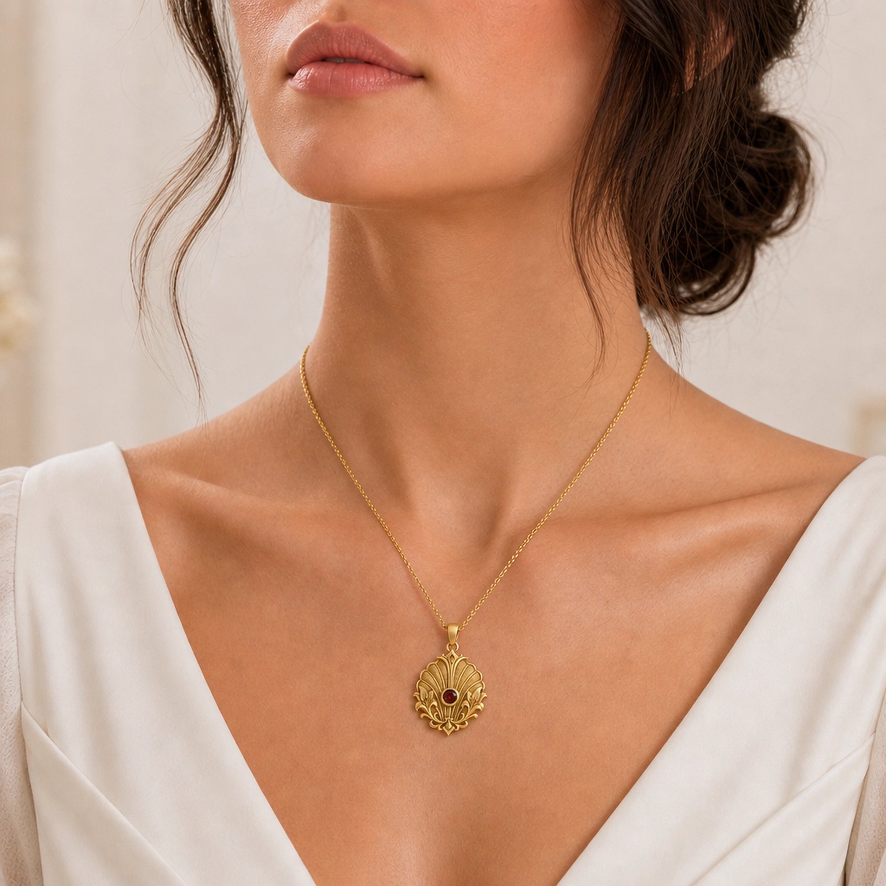 Imperial garnet lily shell pendant with a round deep-red stone in a smooth bezel, framed by raised lily flourishes and textured shell-like fan relief. Worn on a model, front view.