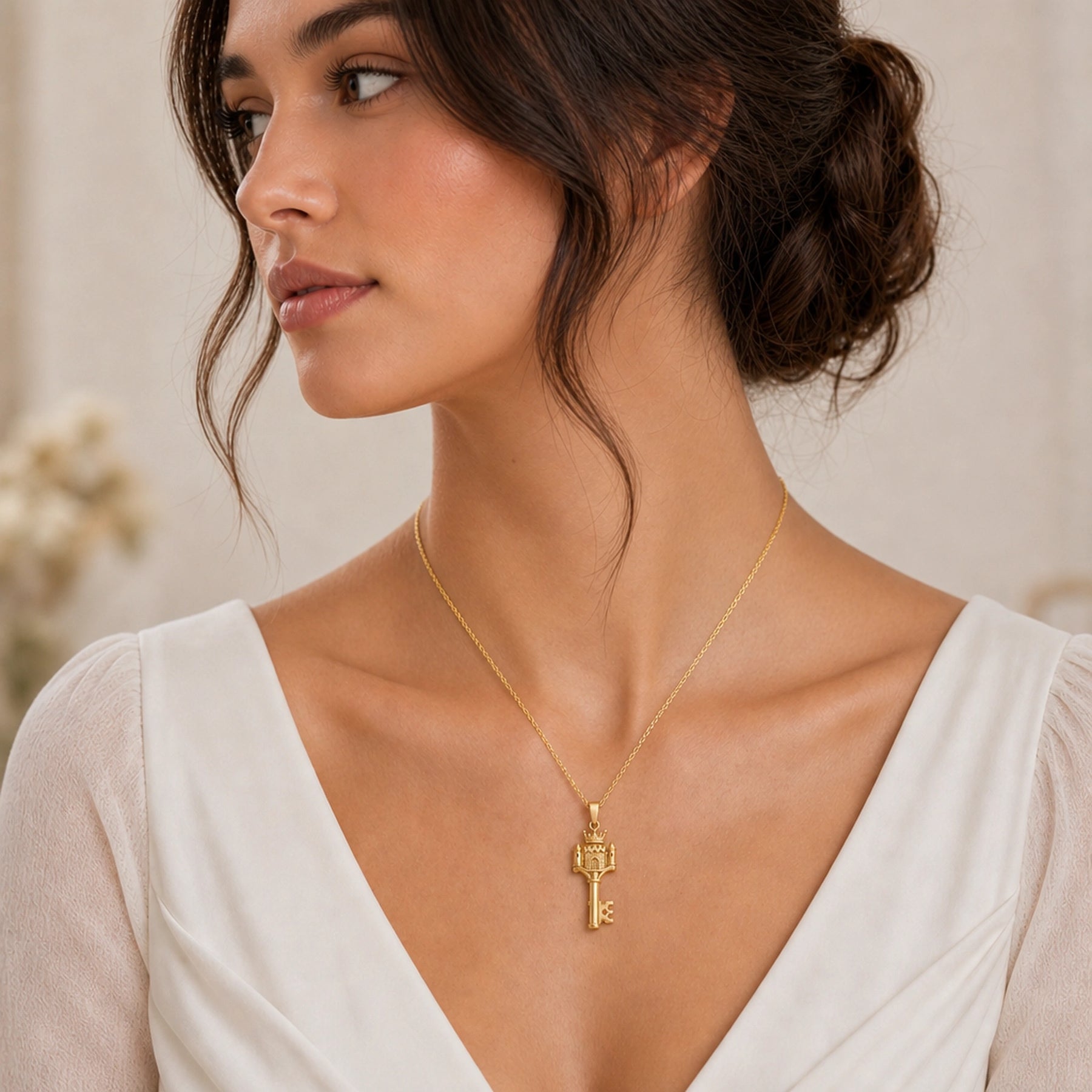 Crowned castle key pendant with raised brickwork, turreted towers, arched doorway, royal crown detail, and a polished warm-toned finish on a cable chain. Worn on a model, angled view.