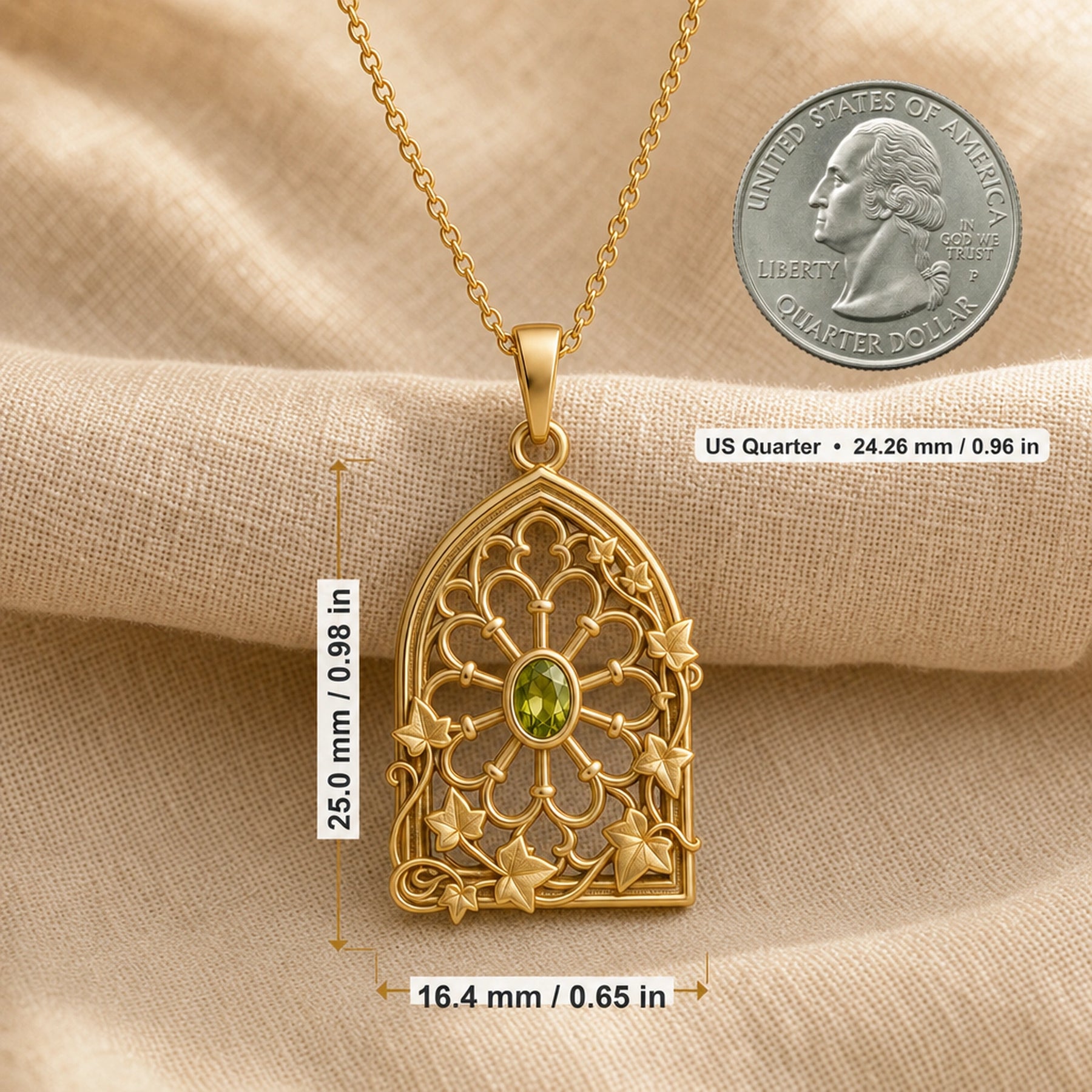 Peridot ivy rose window pendant with an oval green stone in a bezel setting, framed by openwork Gothic-style arches, floral tracery, and climbing ivy leaves. Product dimensions and measurements.
