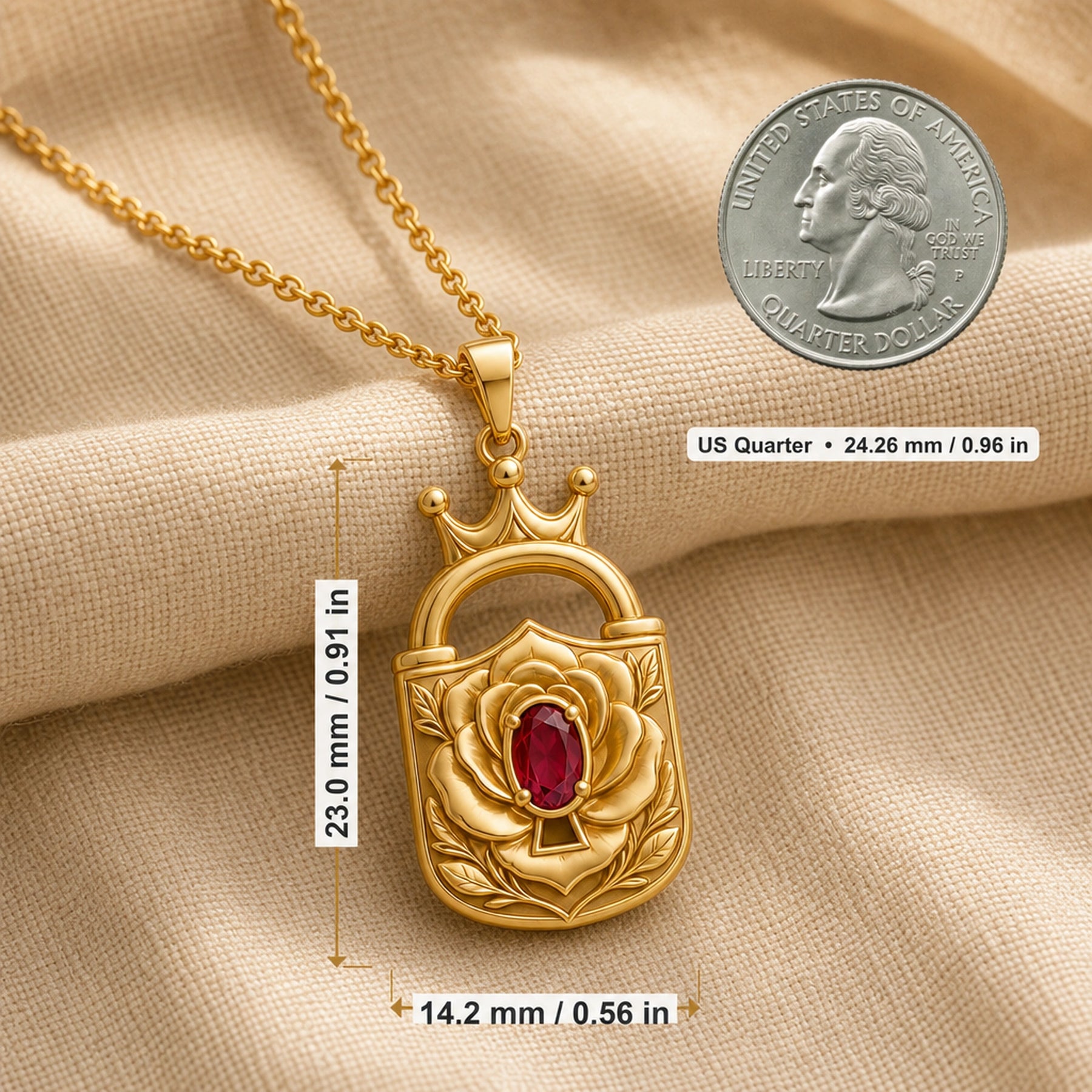 Ruby rose lock crown pendant with a deep red oval ruby in a prong setting, raised floral petals, engraved leaves, and an ornate crowned padlock design. Product dimensions and measurements.
