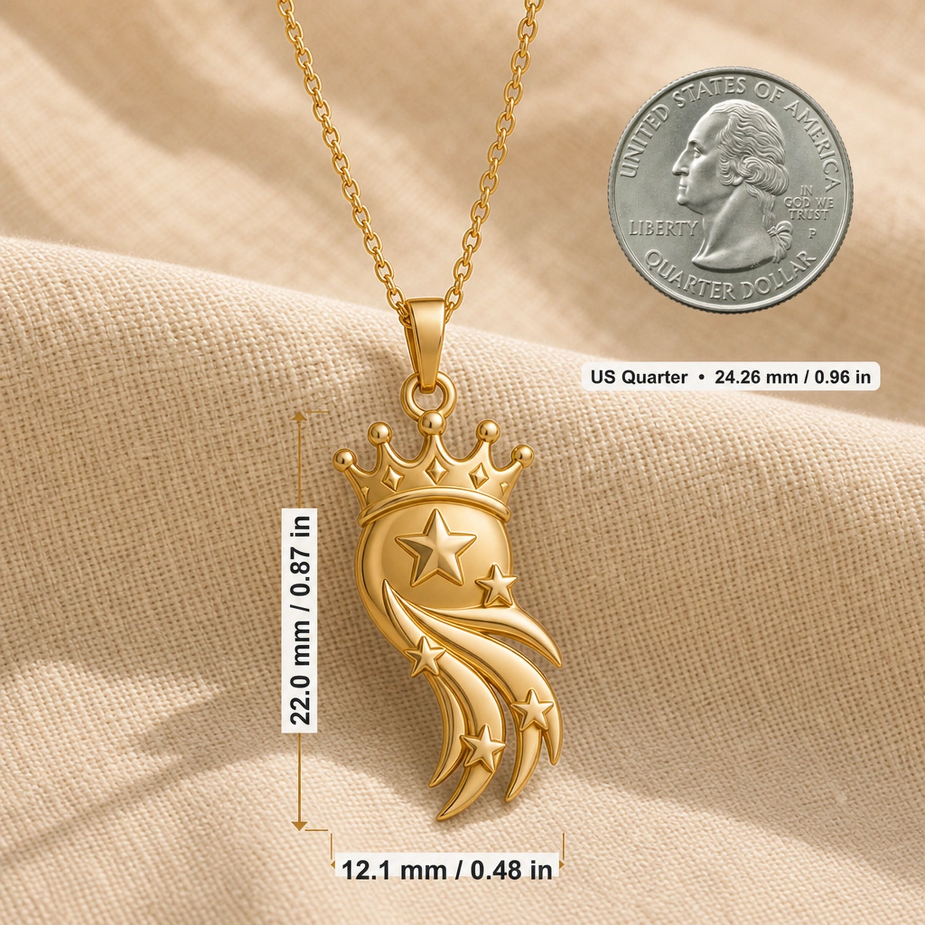 Star-crowned comet pendant with a raised central star, smaller stars along layered sweeping comet trails, and a detailed beaded crown in a warm yellow-toned finish. Product dimensions and measurements.