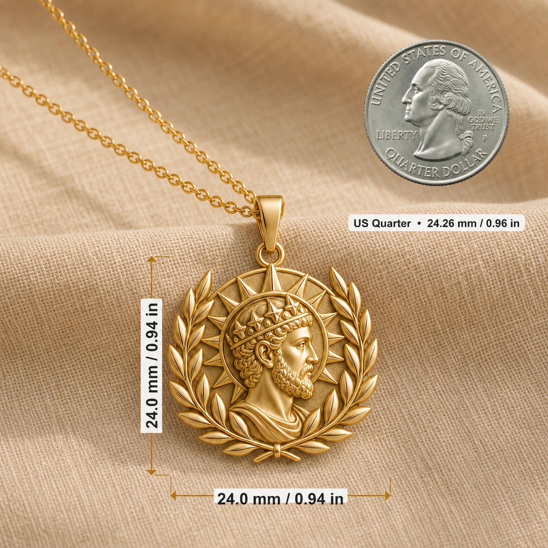 Handcrafted 925 sterling silver augustan sun laurel king portrait pendant shown as a detailed pendant necklace. Product dimensions and measurements.