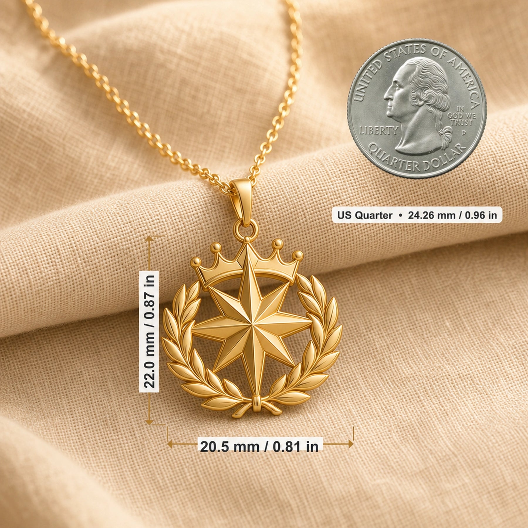 North Star laurel crown pendant with a raised faceted eight-point star, sculpted laurel leaf wreath, and detailed crown motif on a cable chain. Product dimensions and measurements.